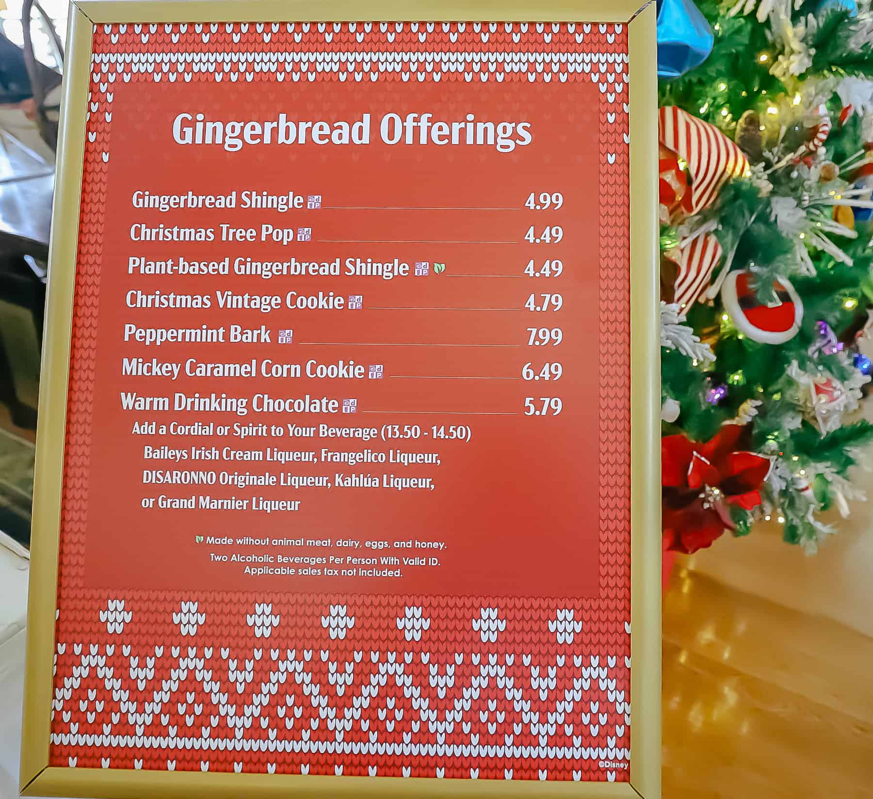 sign that lists the prices of each gingerbread offering at Disney's Boardwalk