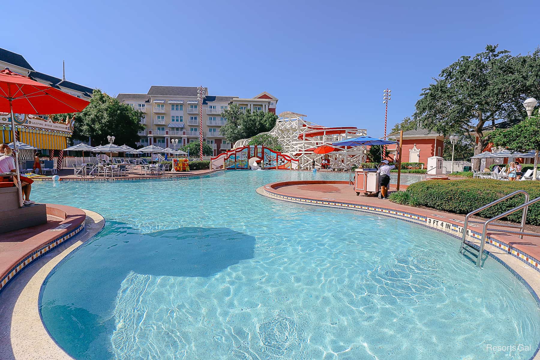 a serene look at Boardwalk's pool with the Keister Coaster in the background 