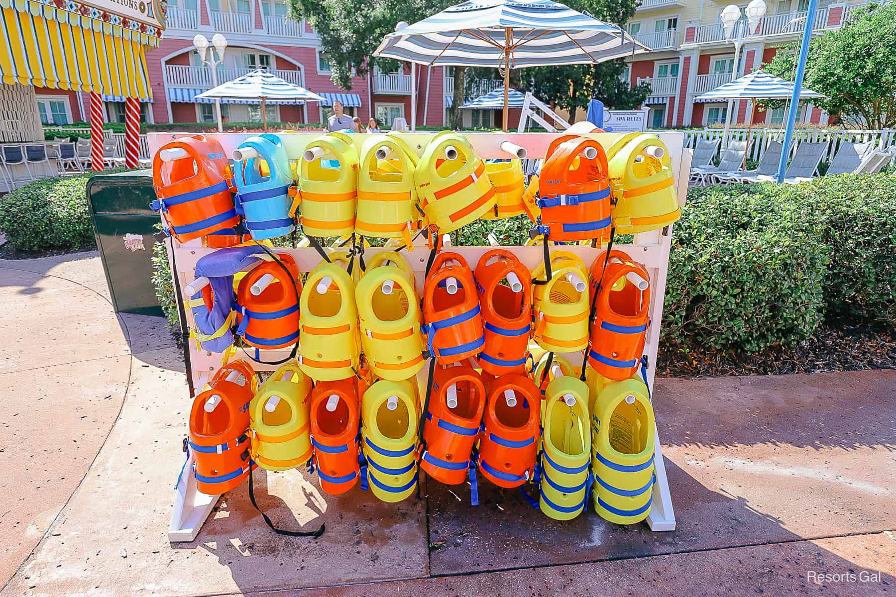 a stand with lifejackets in various sizes at Disney's Boardwalk 