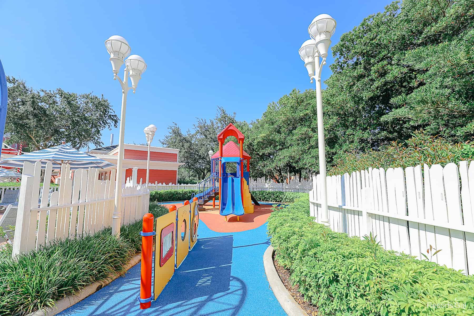 alternative view of the playground's bright blue, red, and yellow colors 