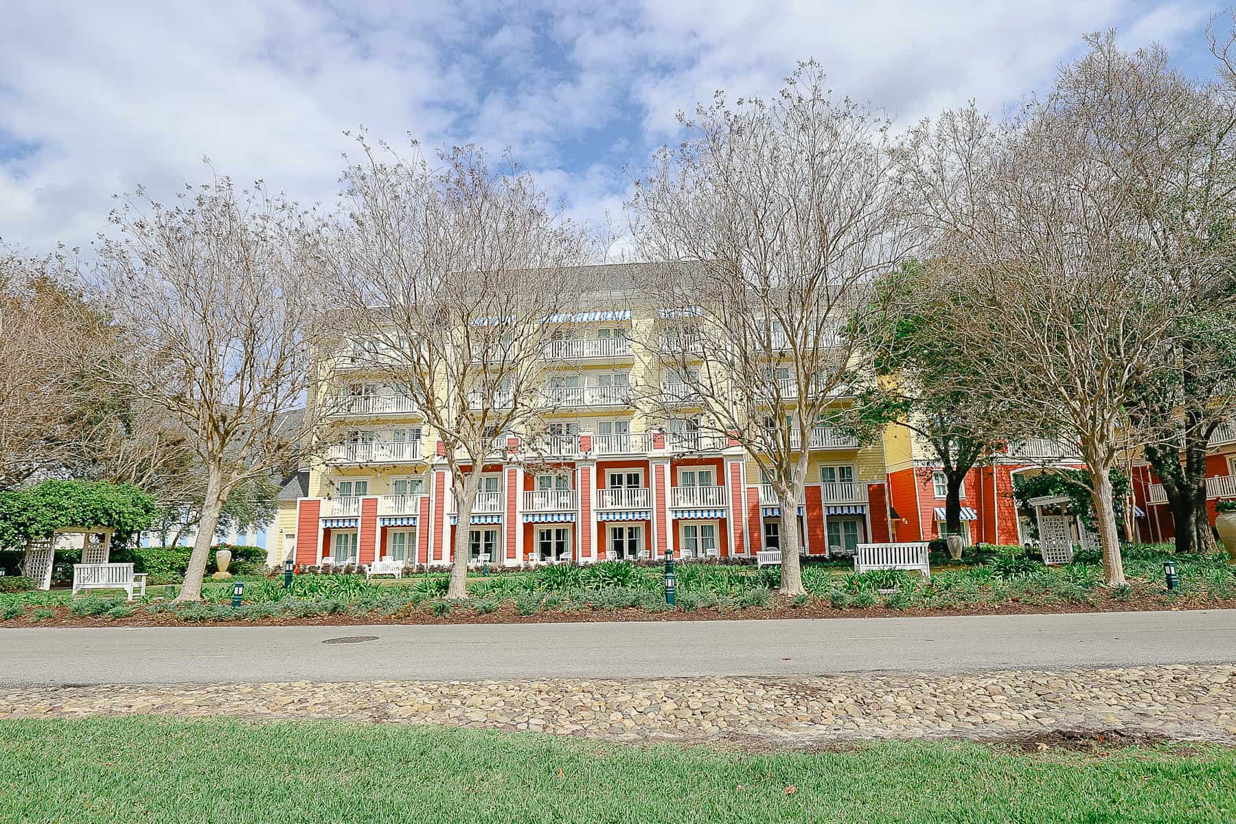 Boardwalk Villas with fresh coat of paint facing the garden.