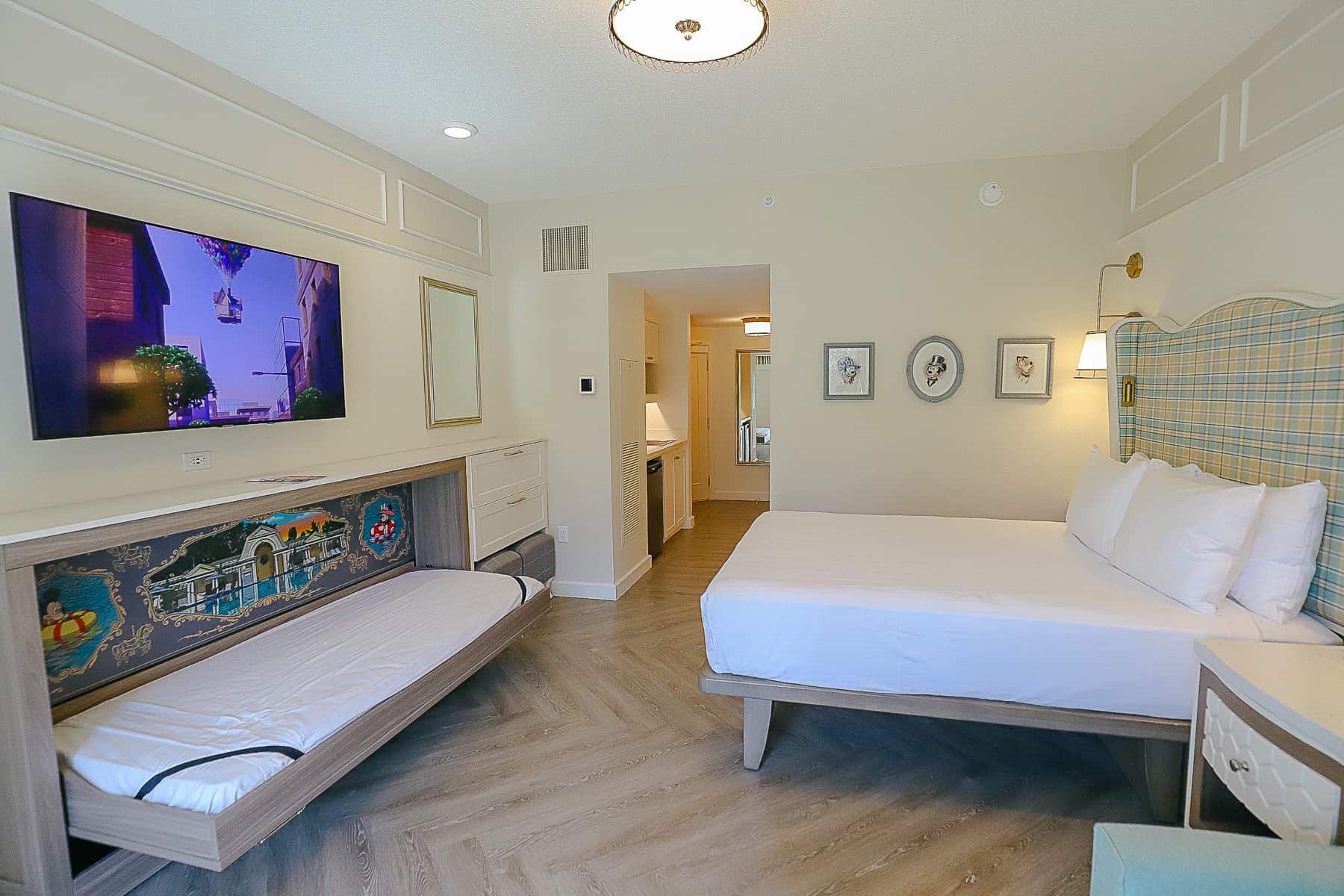 shows the room layout of a deluxe studio at Boardwalk Villas 
