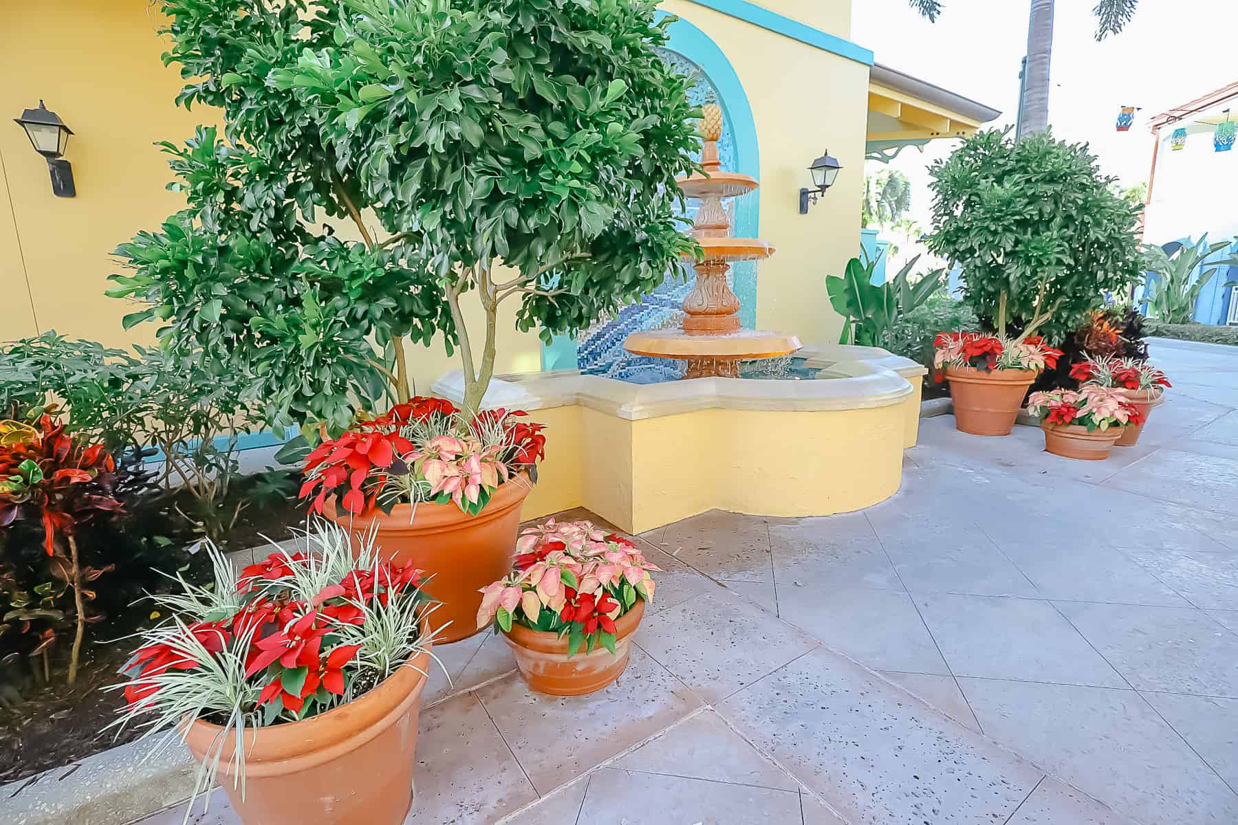 Potted poinsettias sit around the base of the fountain. 