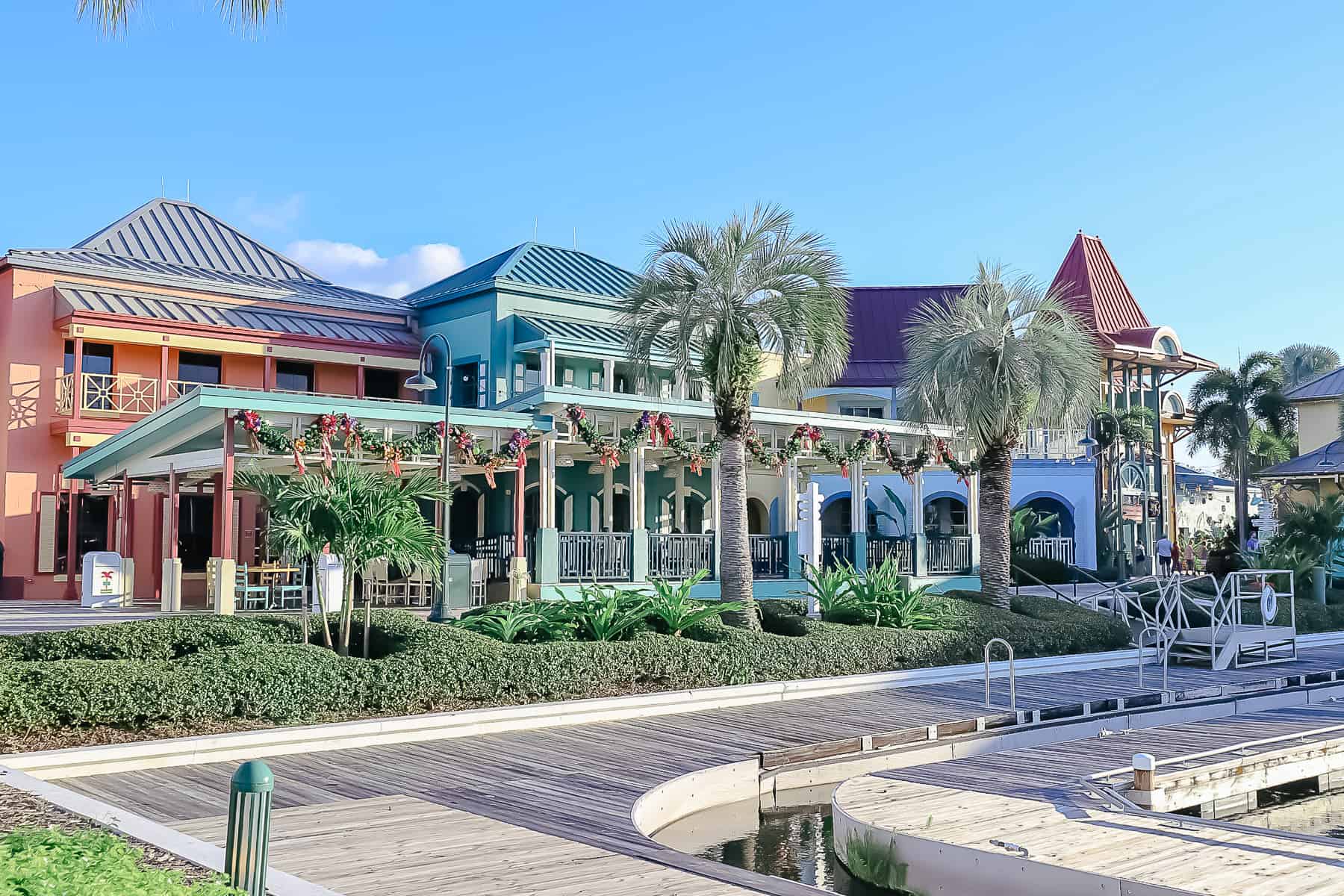 Old Port Royale at Disney's Caribbean Beach draped in holiday garland