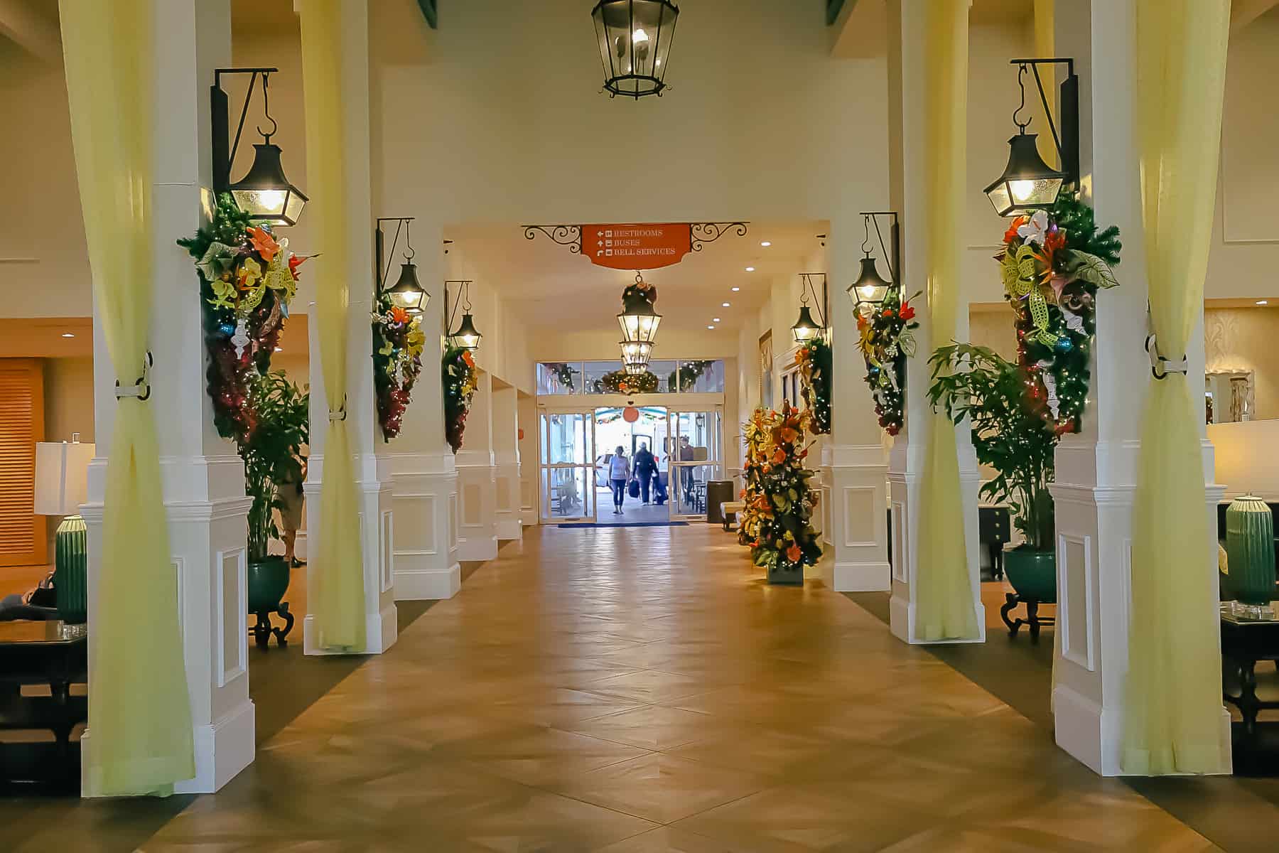 The entrance hall at Disney's Caribbean Beach decorated for the holidays. 