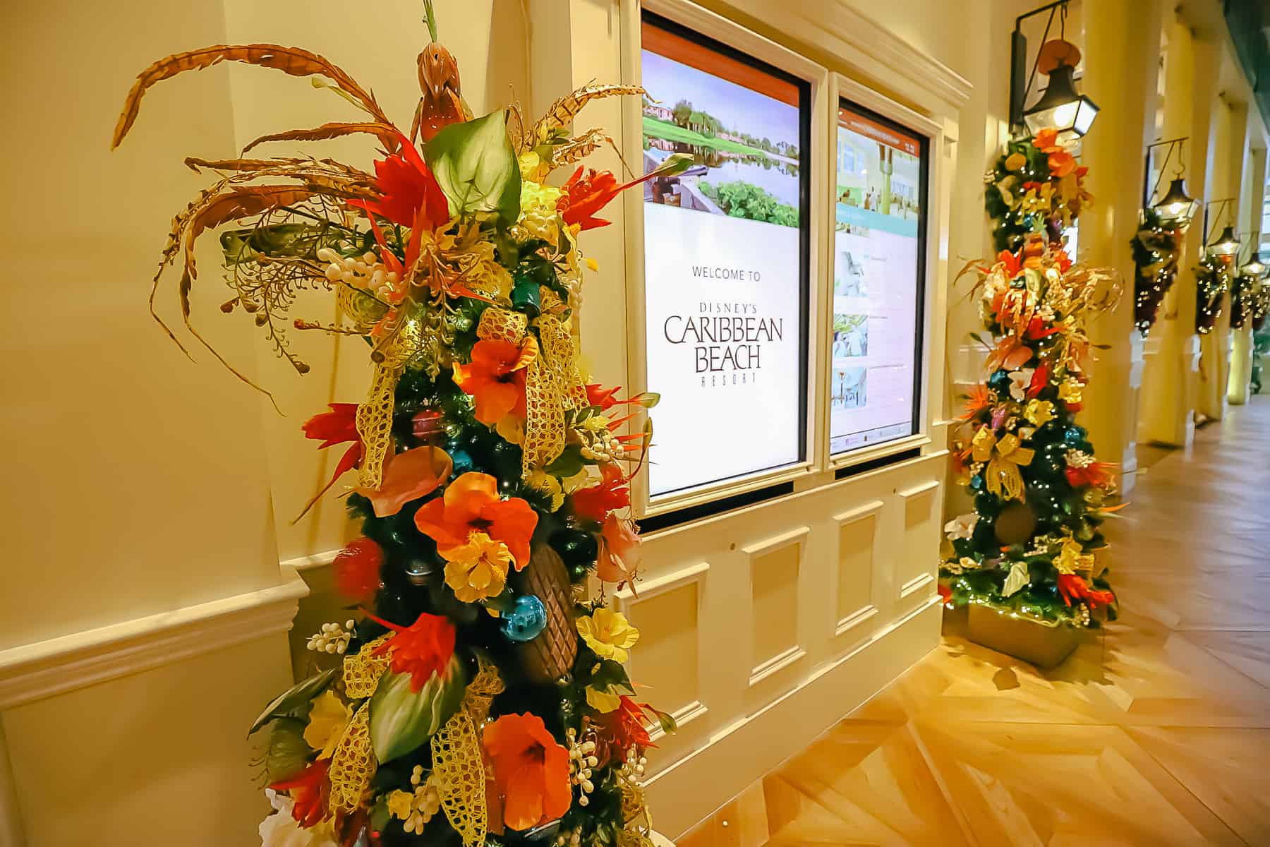 A close up that shows the tropical florals in the Christmas trees. 