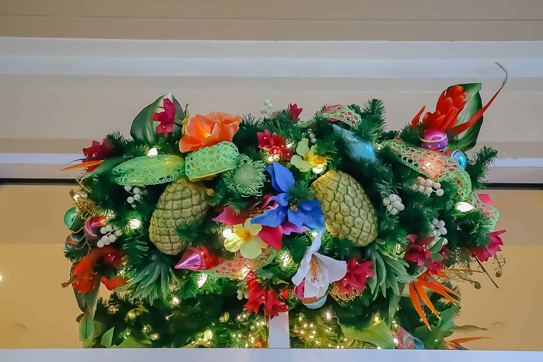 Two pineapples in the holiday decor at Disney's Caribbean Beach.