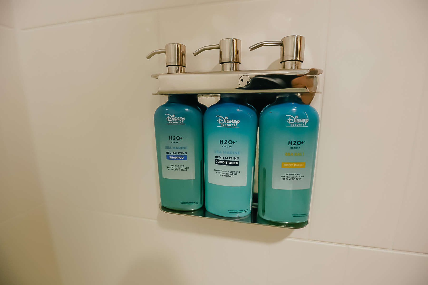 built-in toiletries include shampoo, conditioner, and body wash 