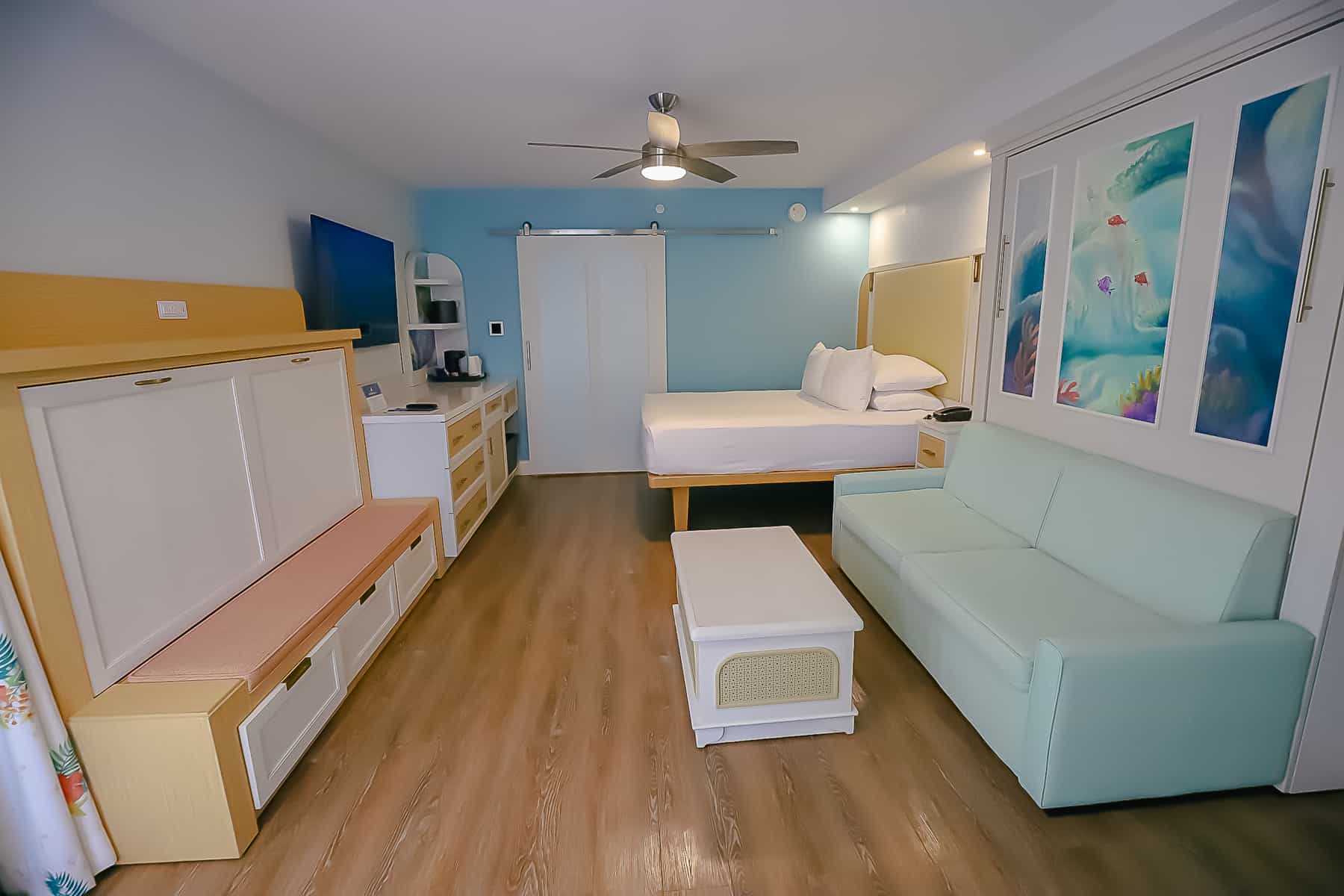 Shows layout of the room with the Murphy Bed and 5th sleeper in the stored away position. 