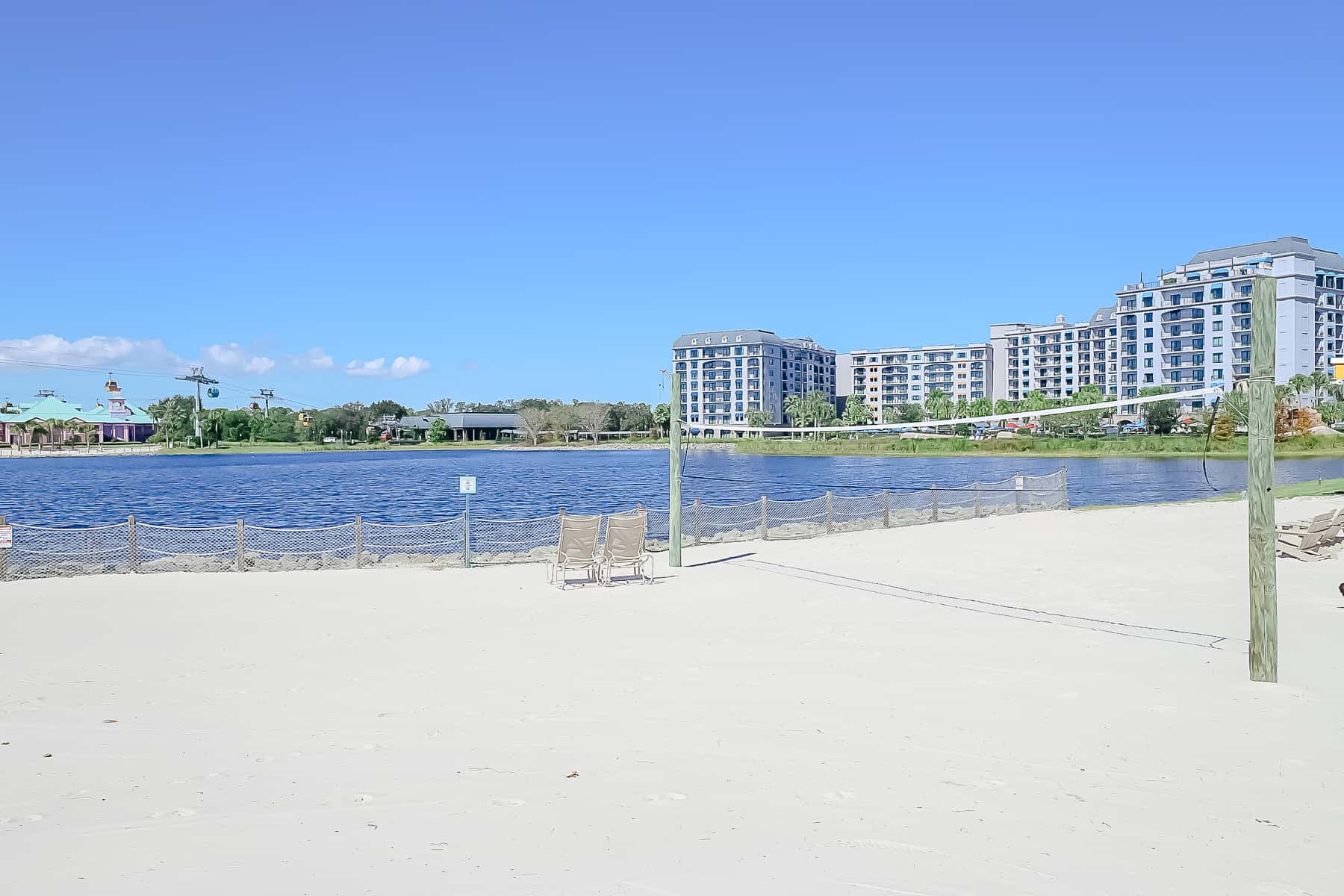 Volleyball net on a beach looking toward Disney's Riviera Resort 