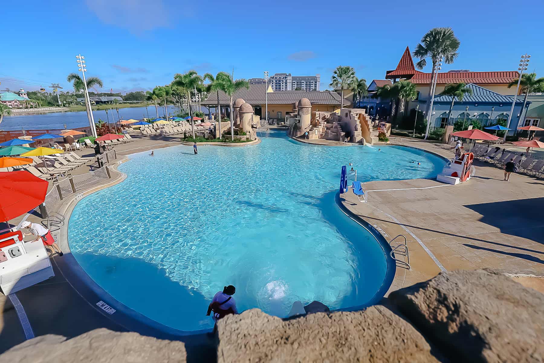 photo taken from the water slide showing the extent of the pool at Caribbean Beach Resort