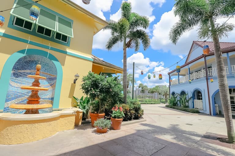 a water fountain near the main restaurants at Disney's Caribbean Beach Resort
