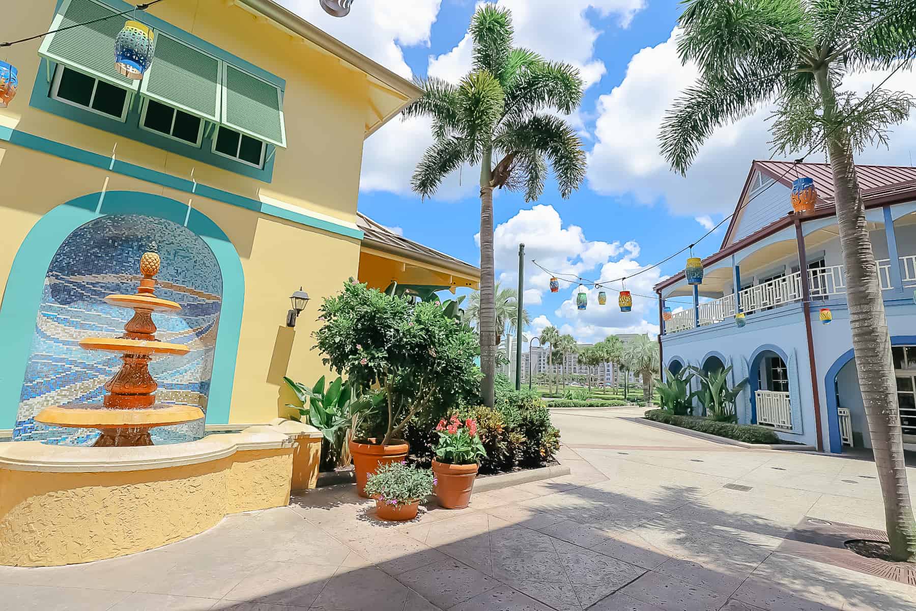 a water fountain near the main restaurants at Disney's Caribbean Beach Resort