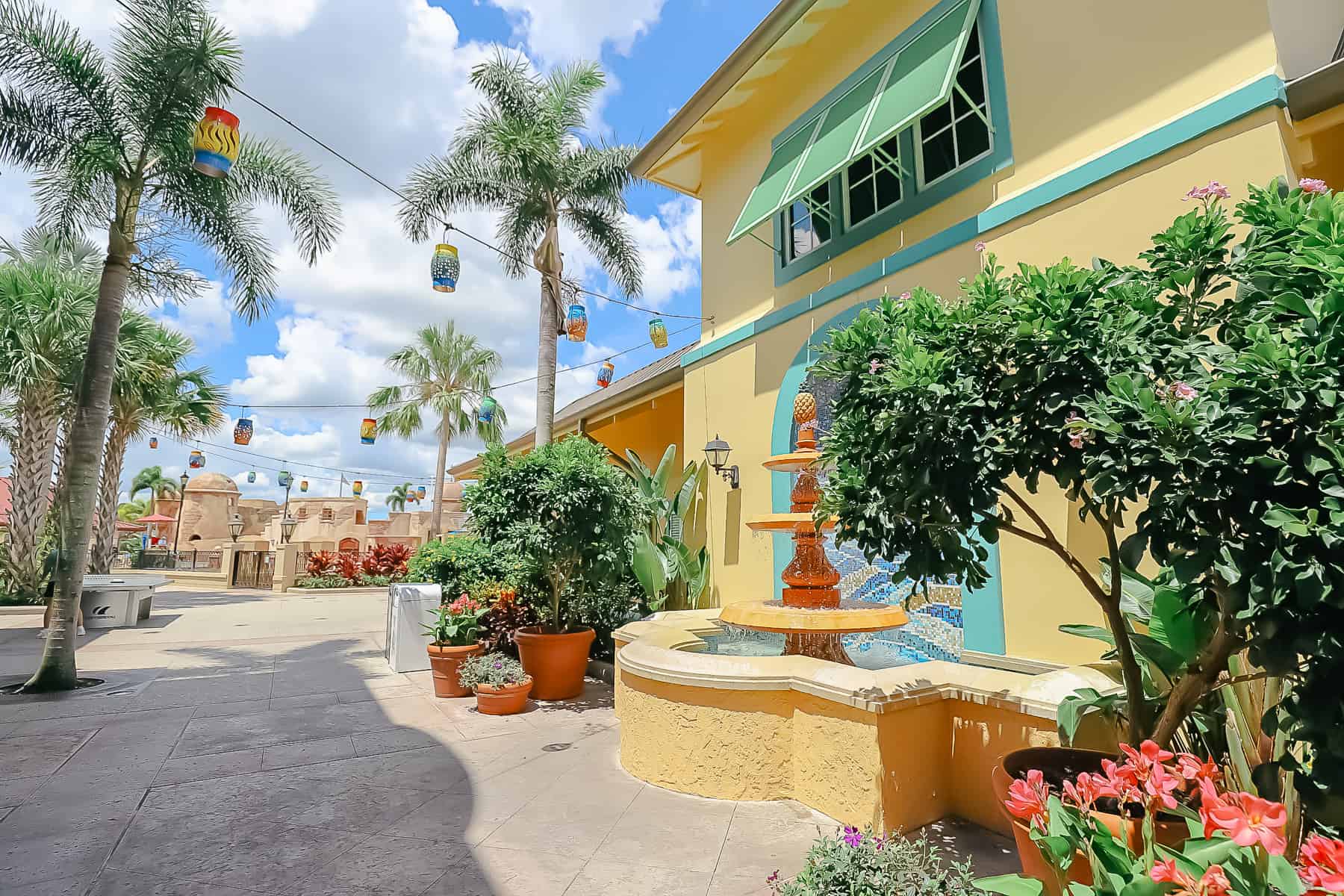 a decorative fountain at Disney's Caribbean Beach Resort 