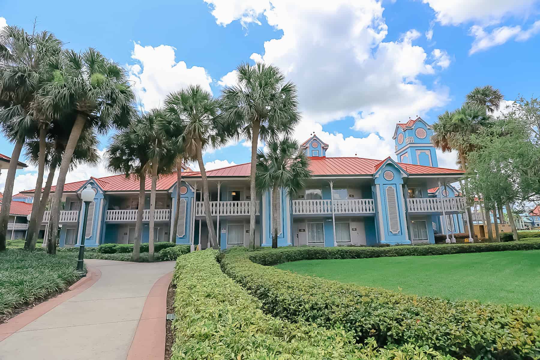 Martinique buildings are blue at Disney's Caribbean Beach. 