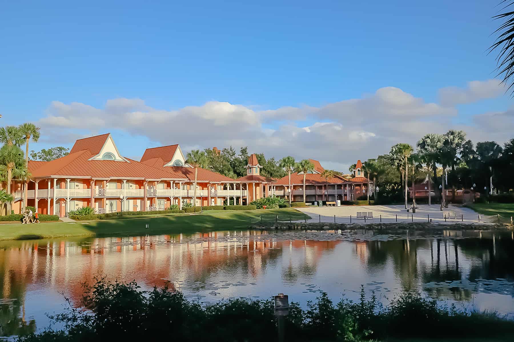 A view of Barbados from across Barefoot Bay that shows its reflection in the lake. 