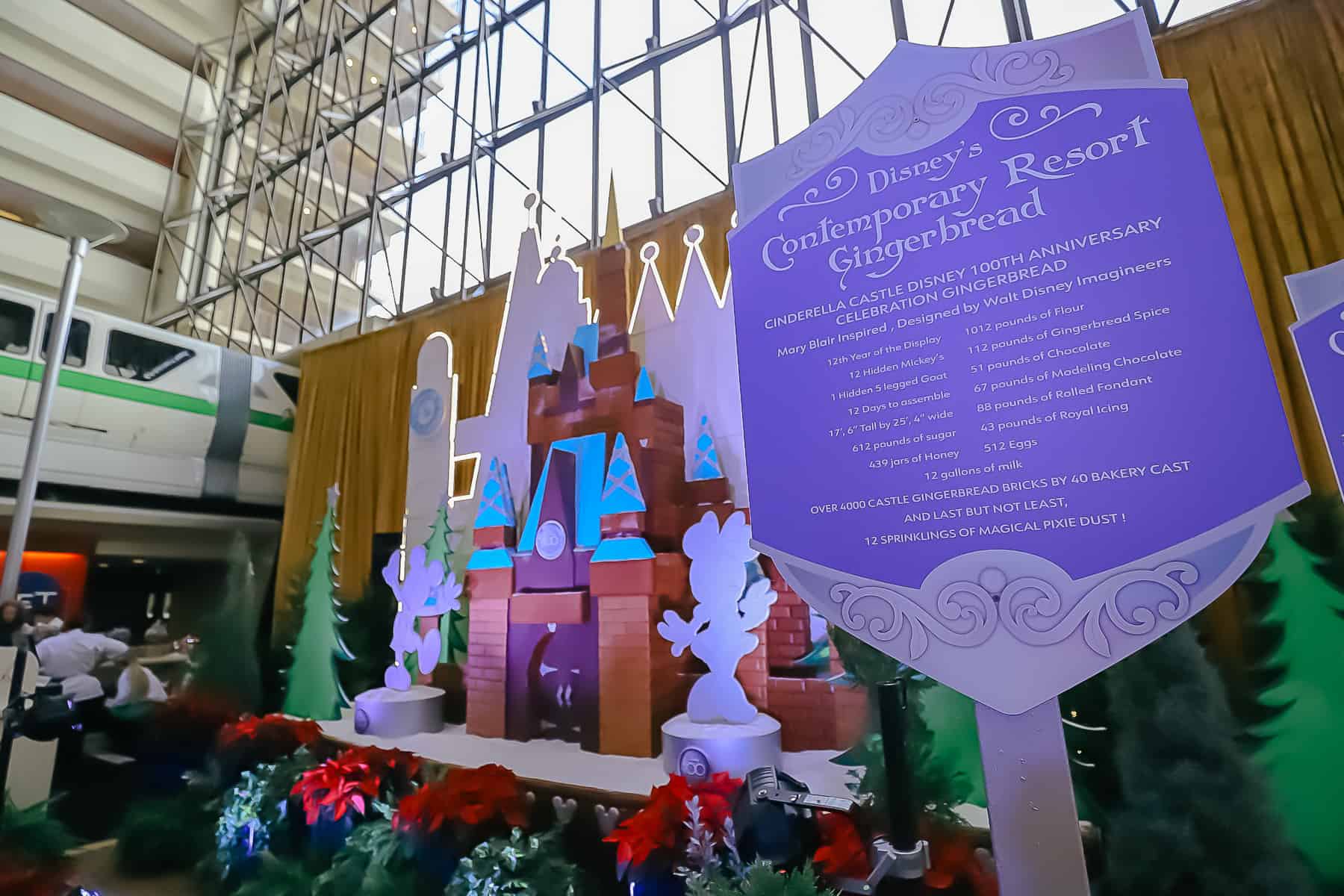 Gingerbread display at Disney's Contemporary as Monorail passes overhead.