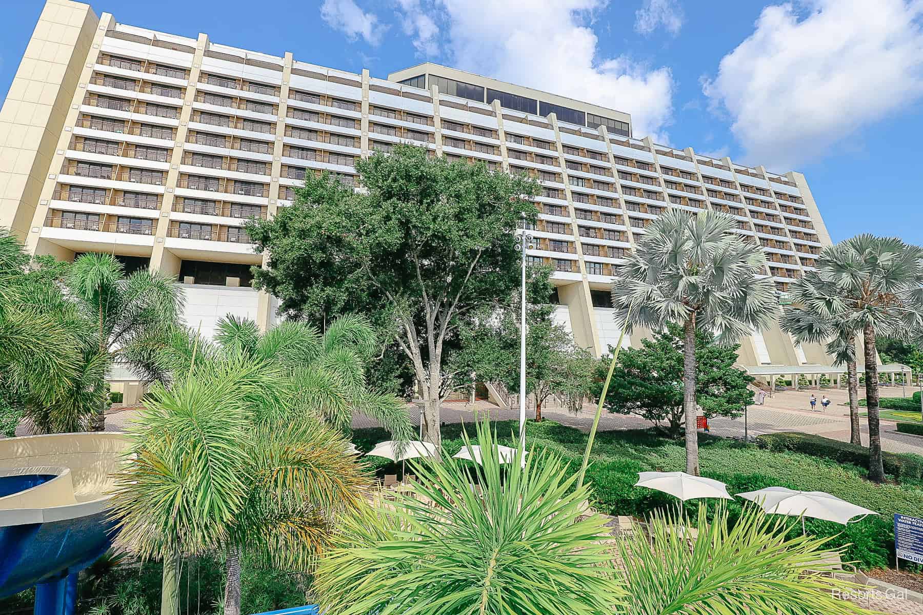 a view of Disney's Contemporary Resort from the top of the water slide 