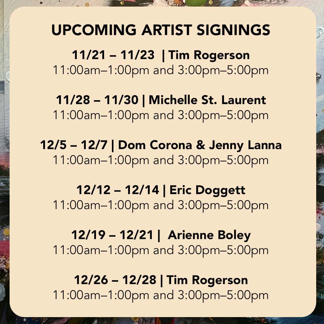 the upcoming artist signing schedule for the Enchanted Holiday Art Gallery at Disney Springs