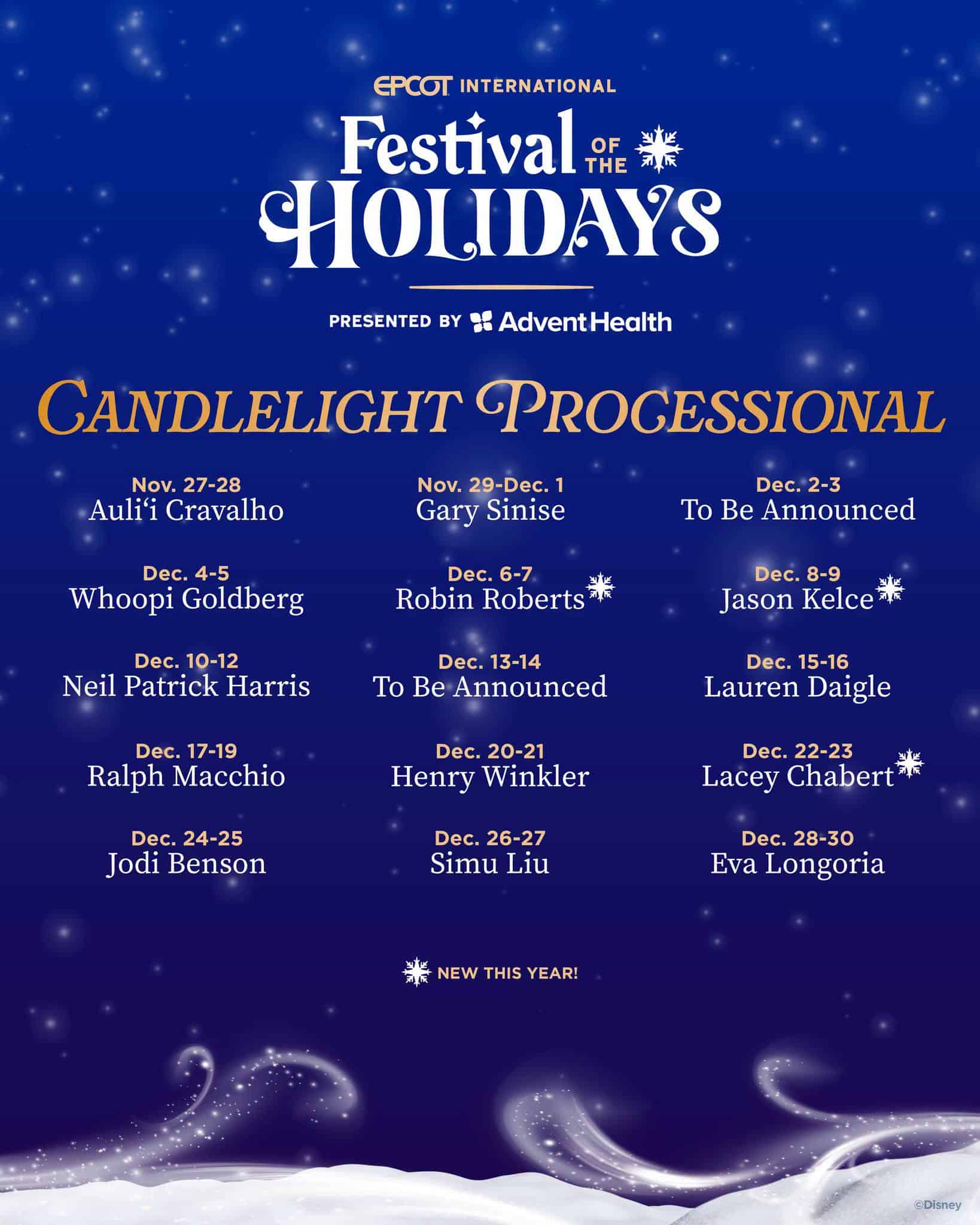 list of 2026 Celebrity Narrators for the Epcot Candlelight Processional