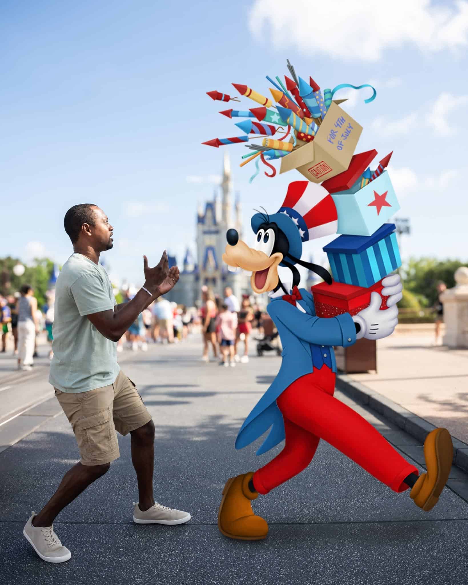 Goofy 4th of July PhotoPass options carrying a load of fireworks