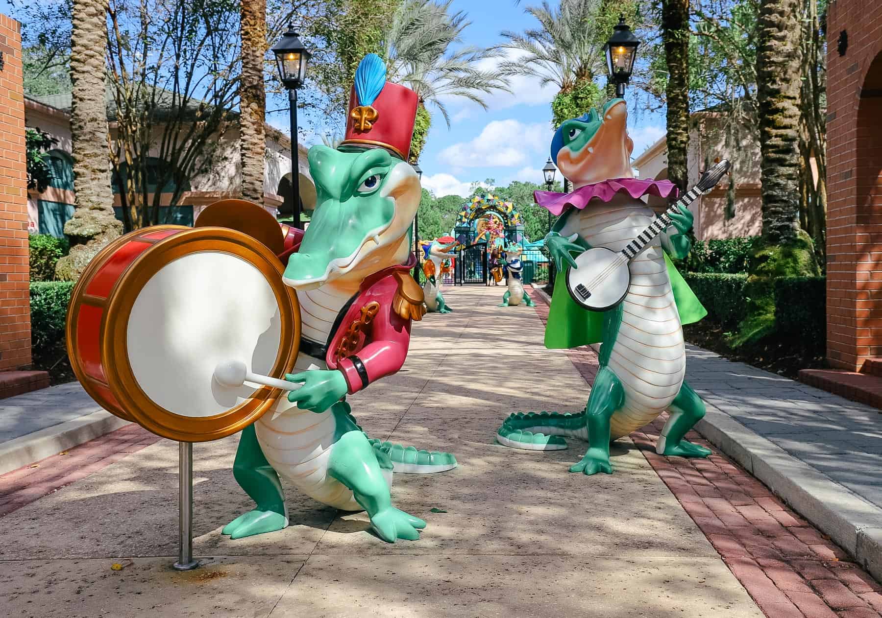statues of alligators playing jazz instruments 