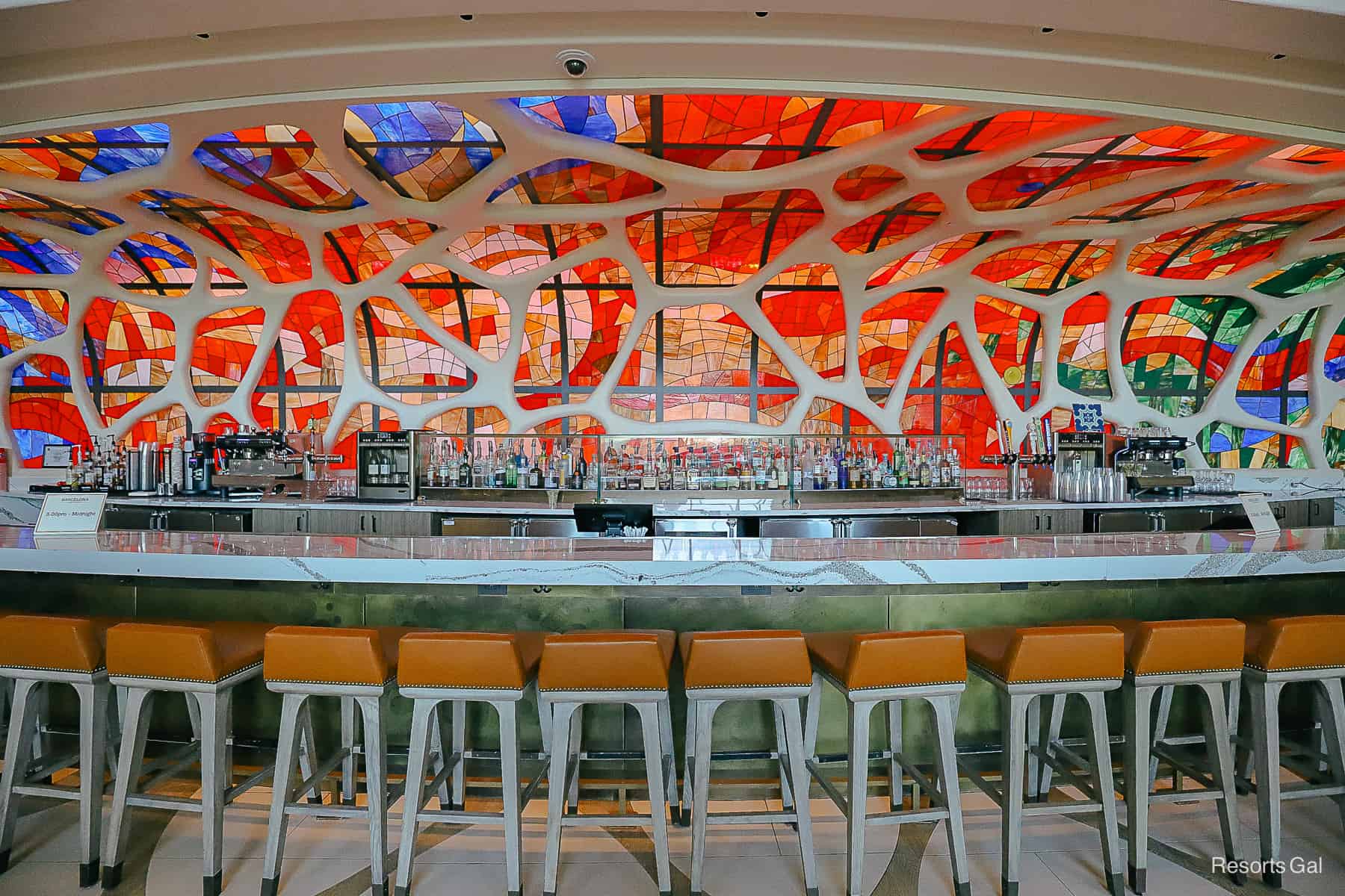 the stained glass artwork behind the bar at Barcelona Lounge off the lobby 