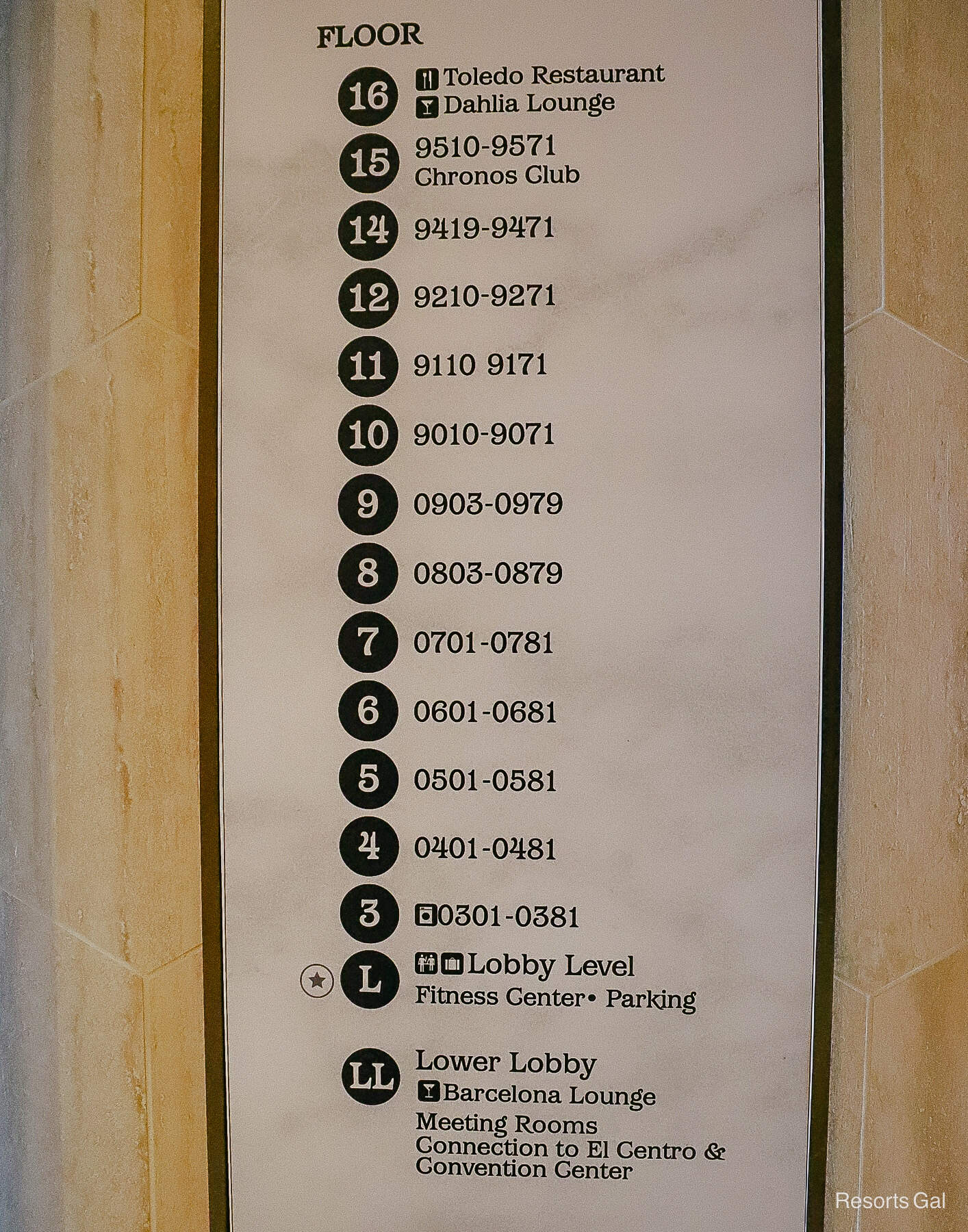 a sign that lists what's on each floor of Gran Destino Tower 
