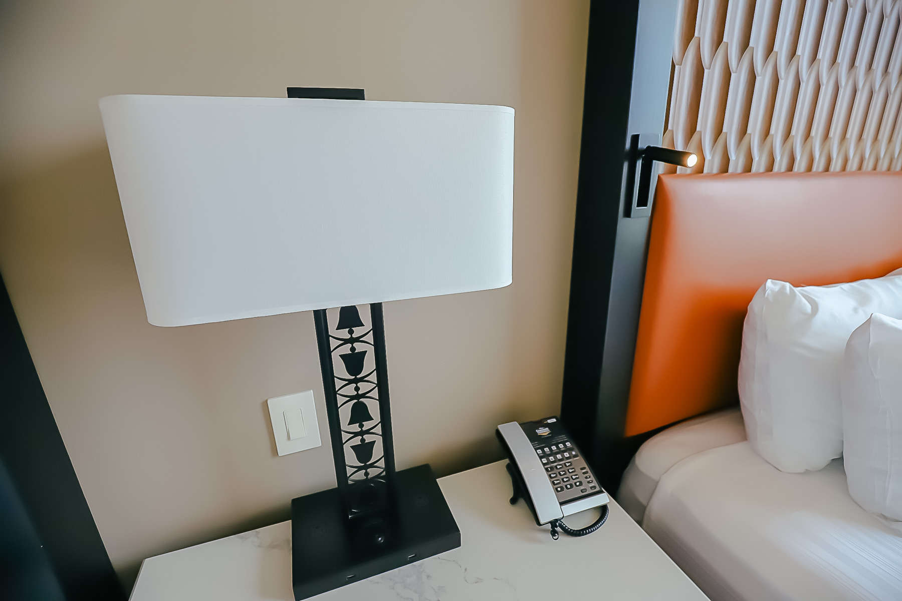 A lamp on the nightstand in our room at Gran Destino Tower. 