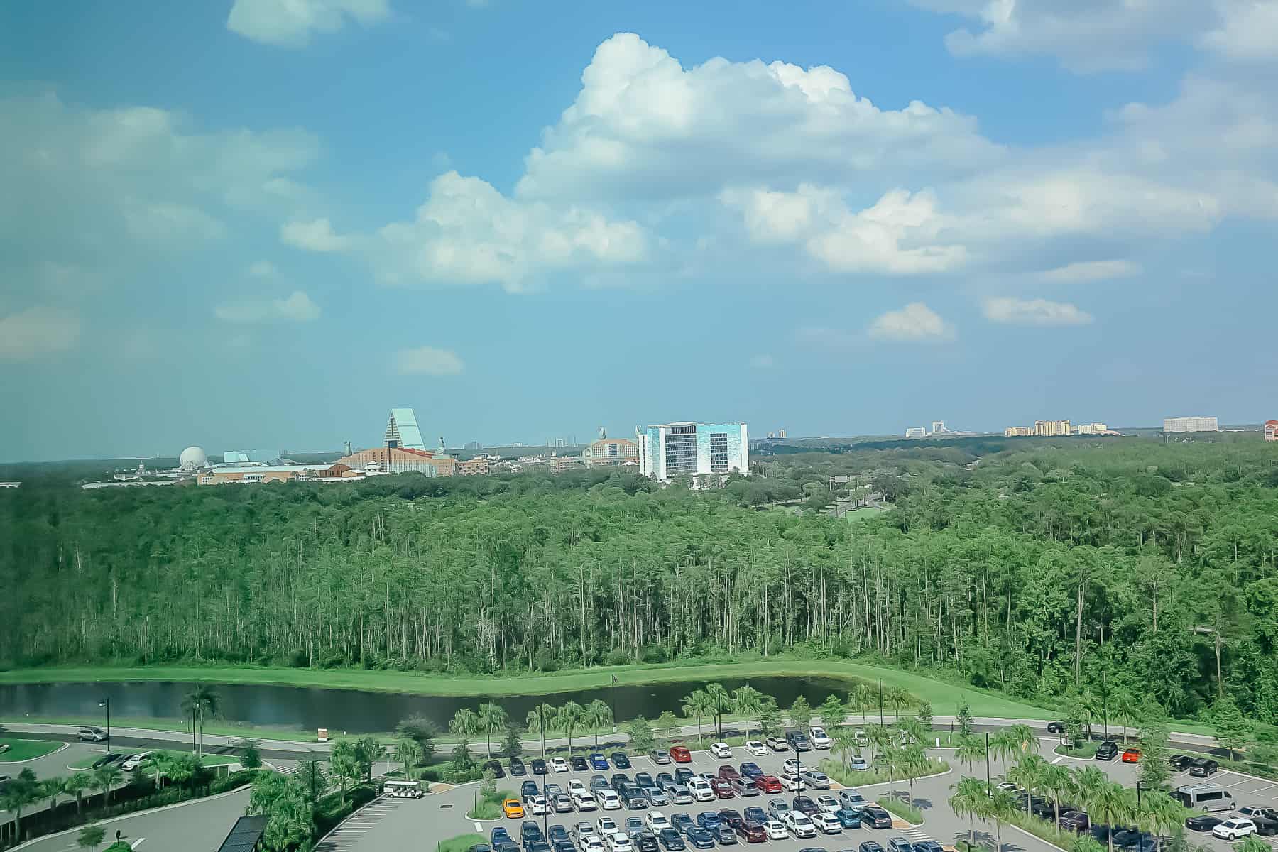 A standard view from the room at Gran Destino Tower can see the Swan and Dolphin hotels and Epcot. 