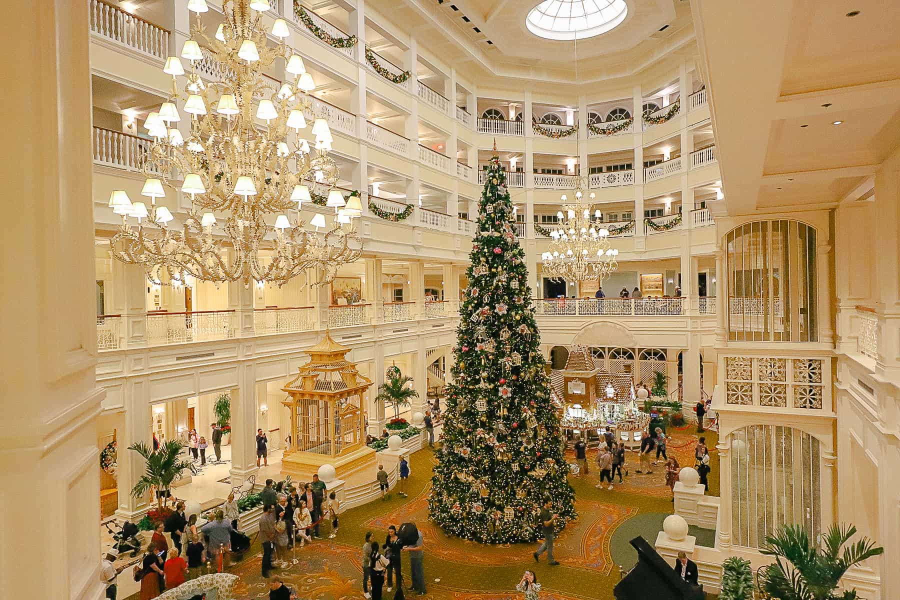 The Christmas Tree in the lobby of Grand Floridian stands several stories tall. 
