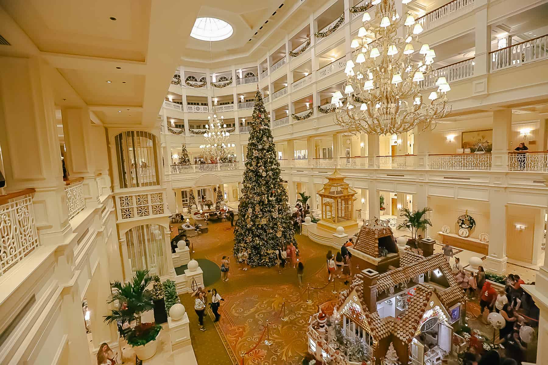 From the back of the lobby, you can see the gingerbread house and how it sits behind the tall Christmas Tree. 