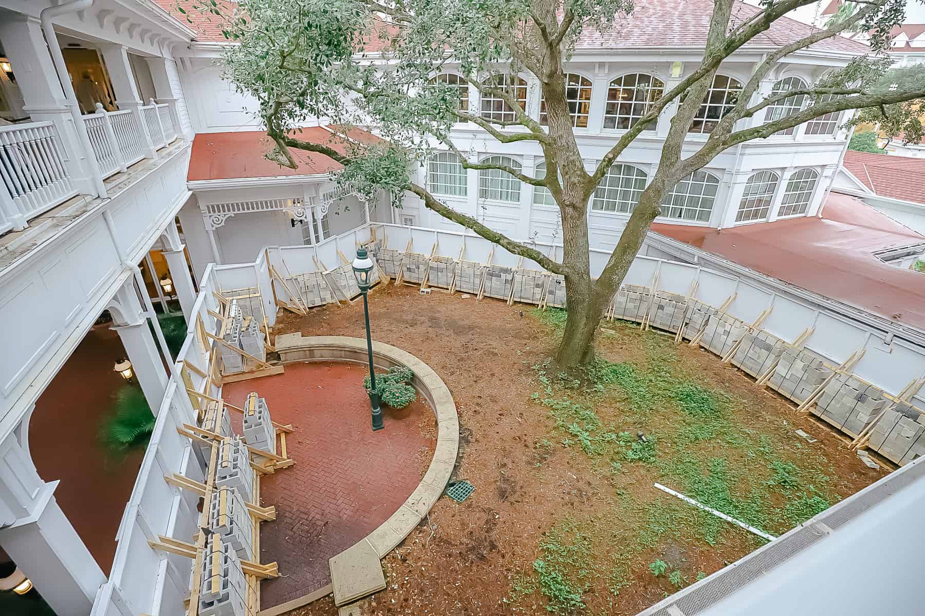 a view looking down from the monorail station at Grand Floridian 