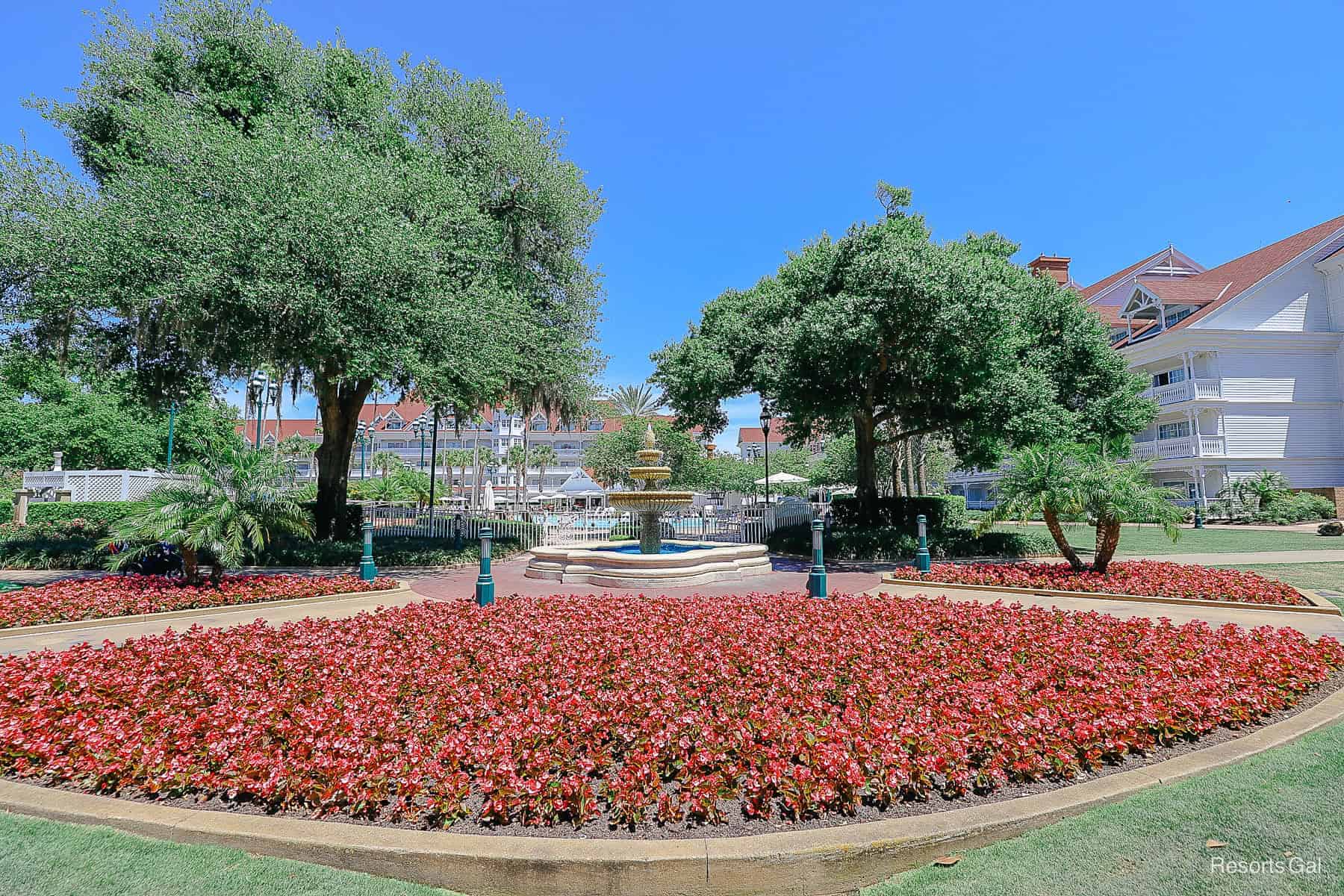 red flower beds surrounding the Courtyard