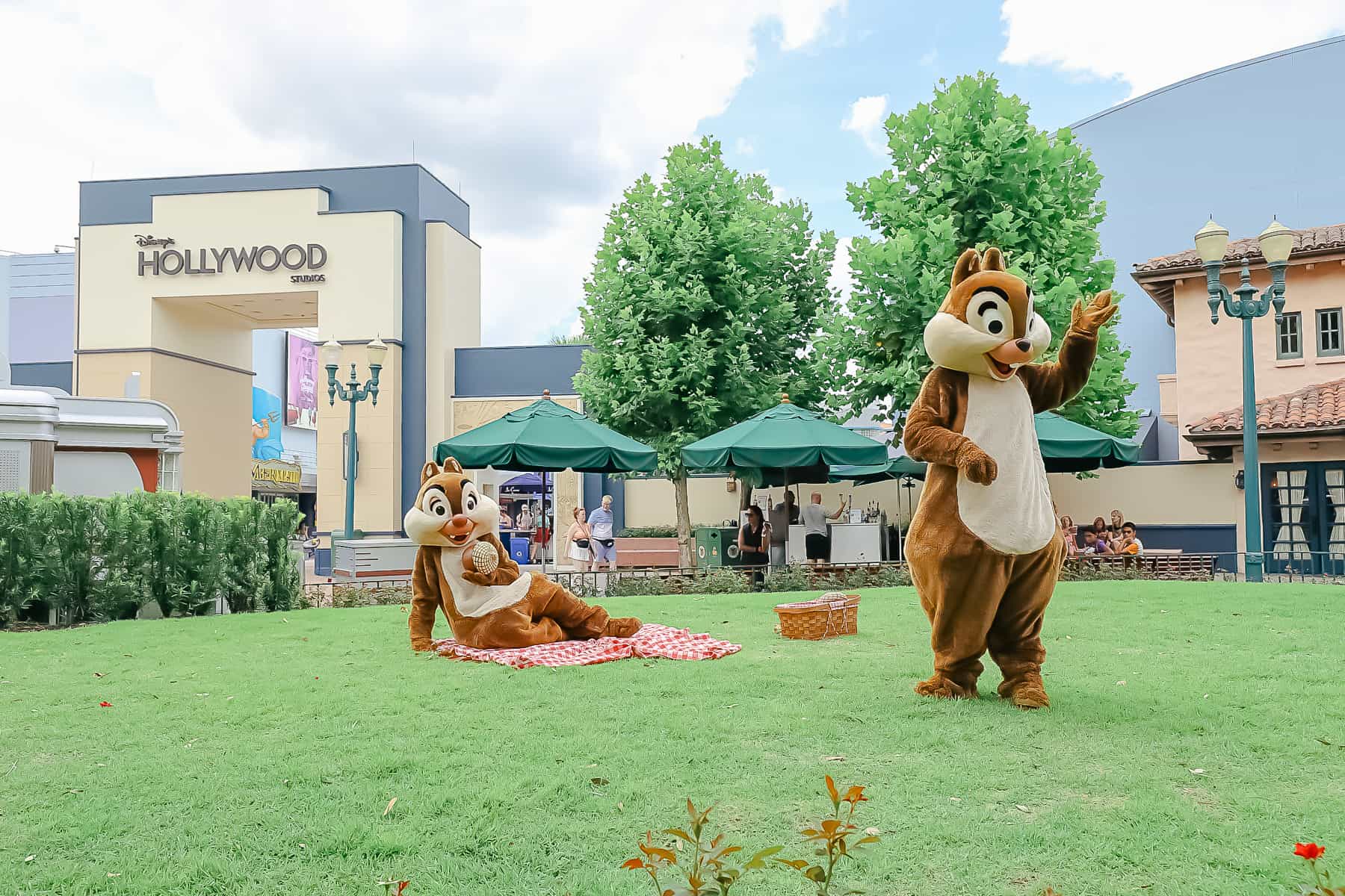 Chip and Dale in a picnic setting on the lawn near Hollywood Studios Brown Derby. 