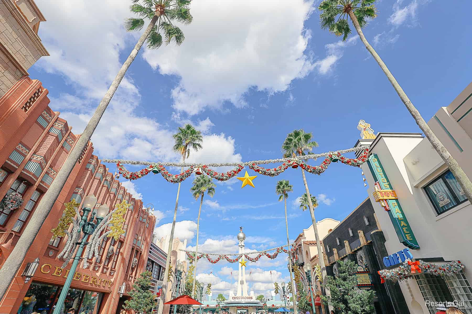 a star and garland hanging on Hollywood Boulevard at Disney's Hollywood Studios 