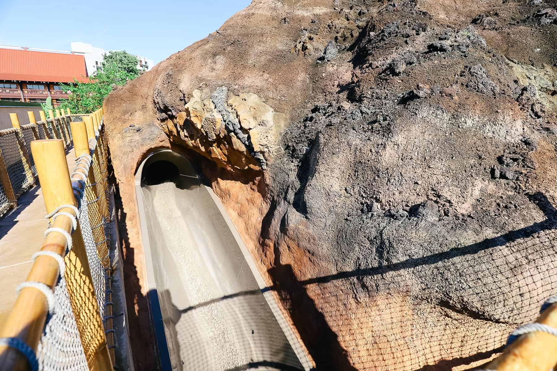 the water slide as it exits the tunnel at the Lava Pool