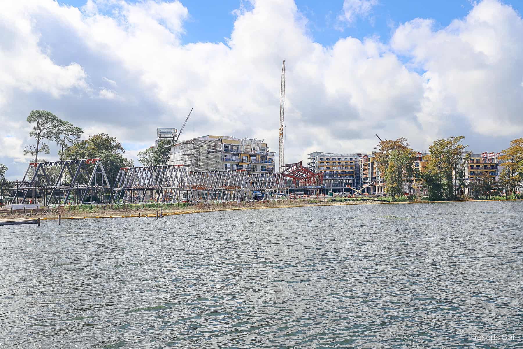 A-Frame structures on the water to the left side of Lakeshore Lodge construction