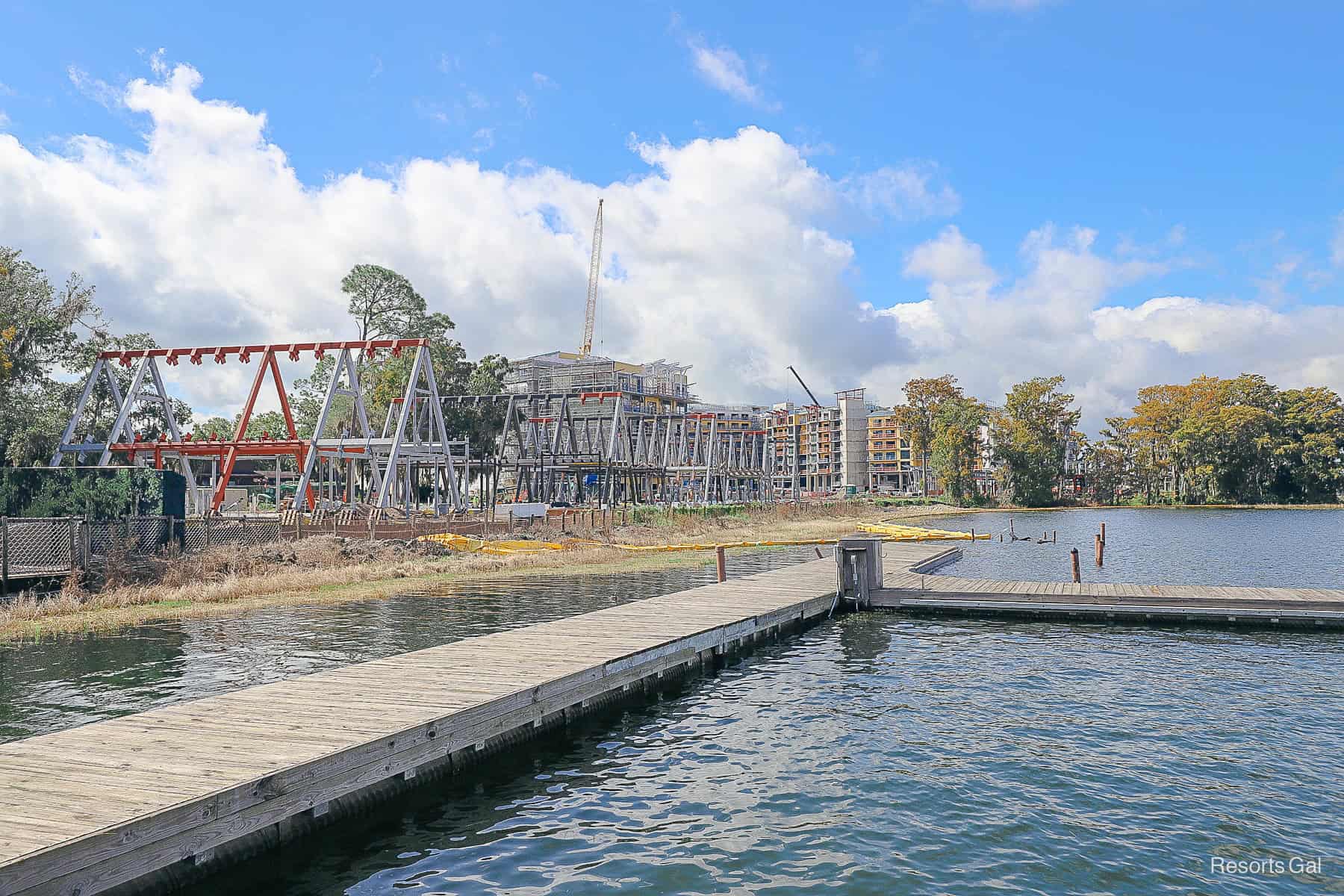 a view of Lakeshore Lodge Construction in October 2025 from the Fort Wilderness Boat Dock