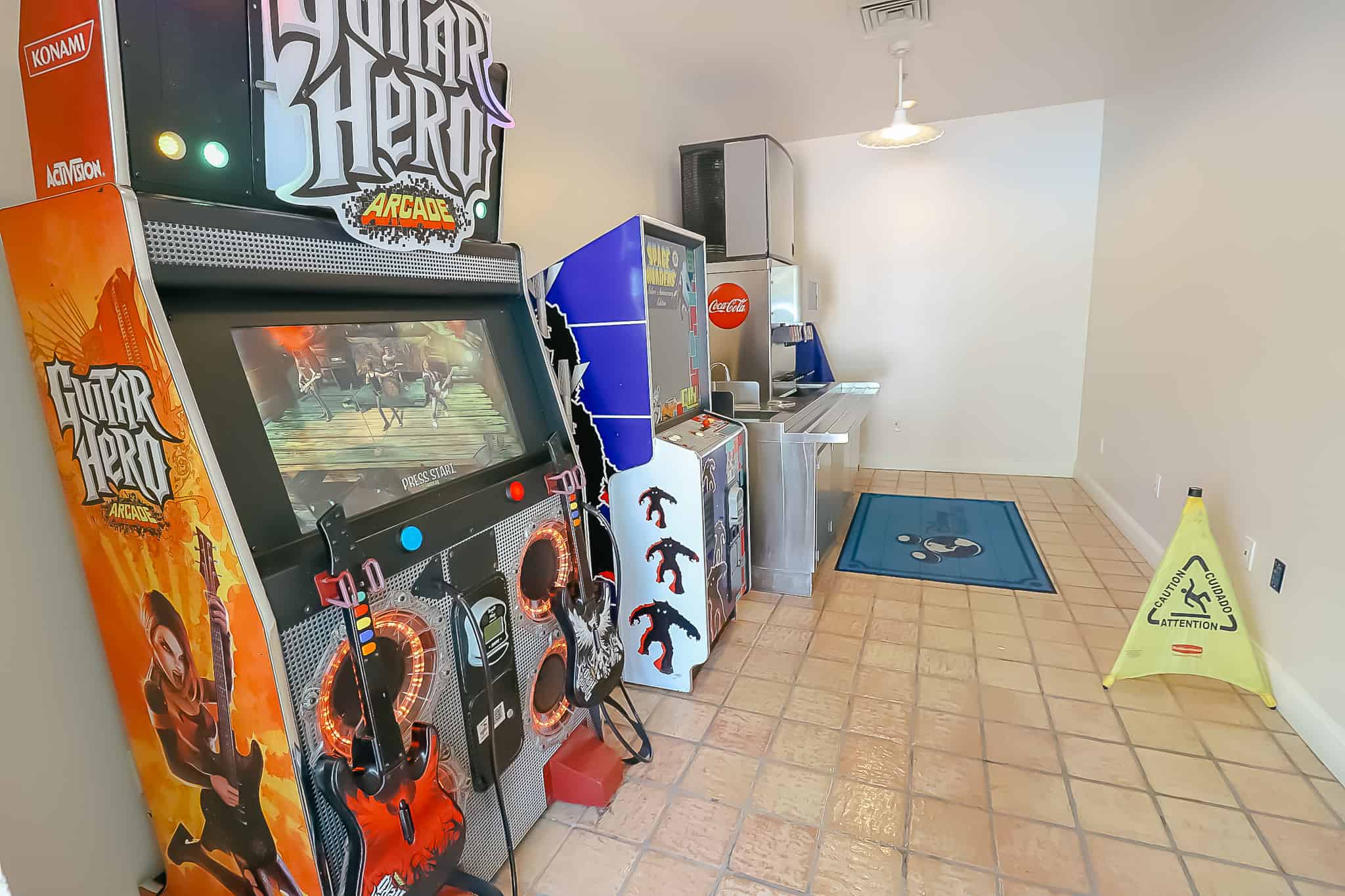 arcade games and pool refillable beverage station 