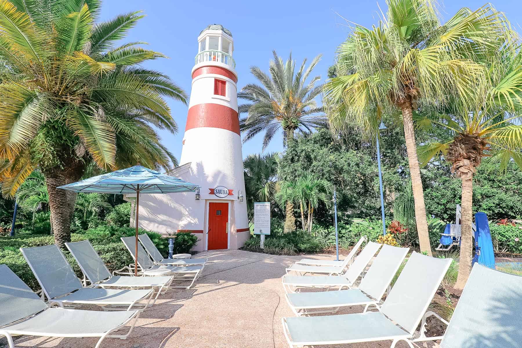 lighthouse with lounge chairs at Disney's Old Key West