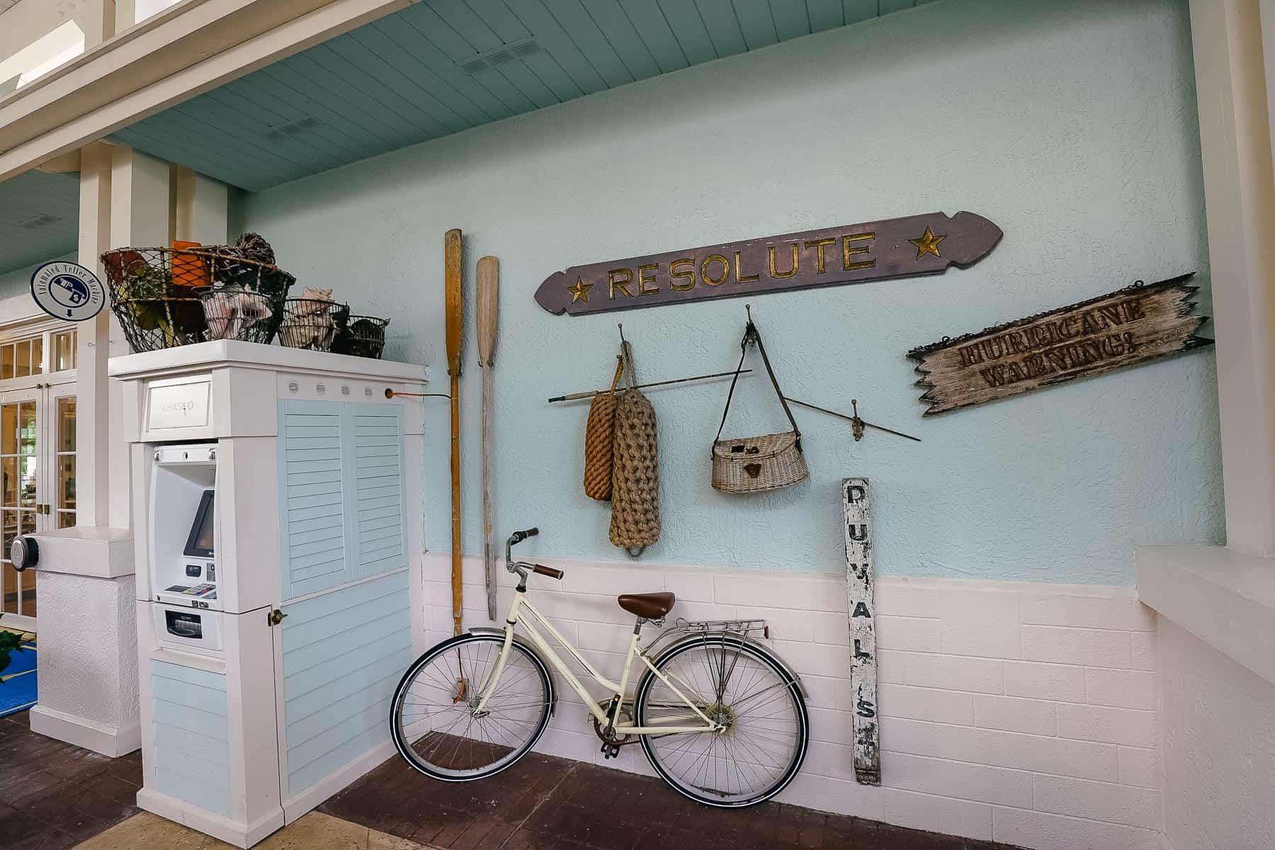 theming elements like an old bike and signs at Disney's Old Key West