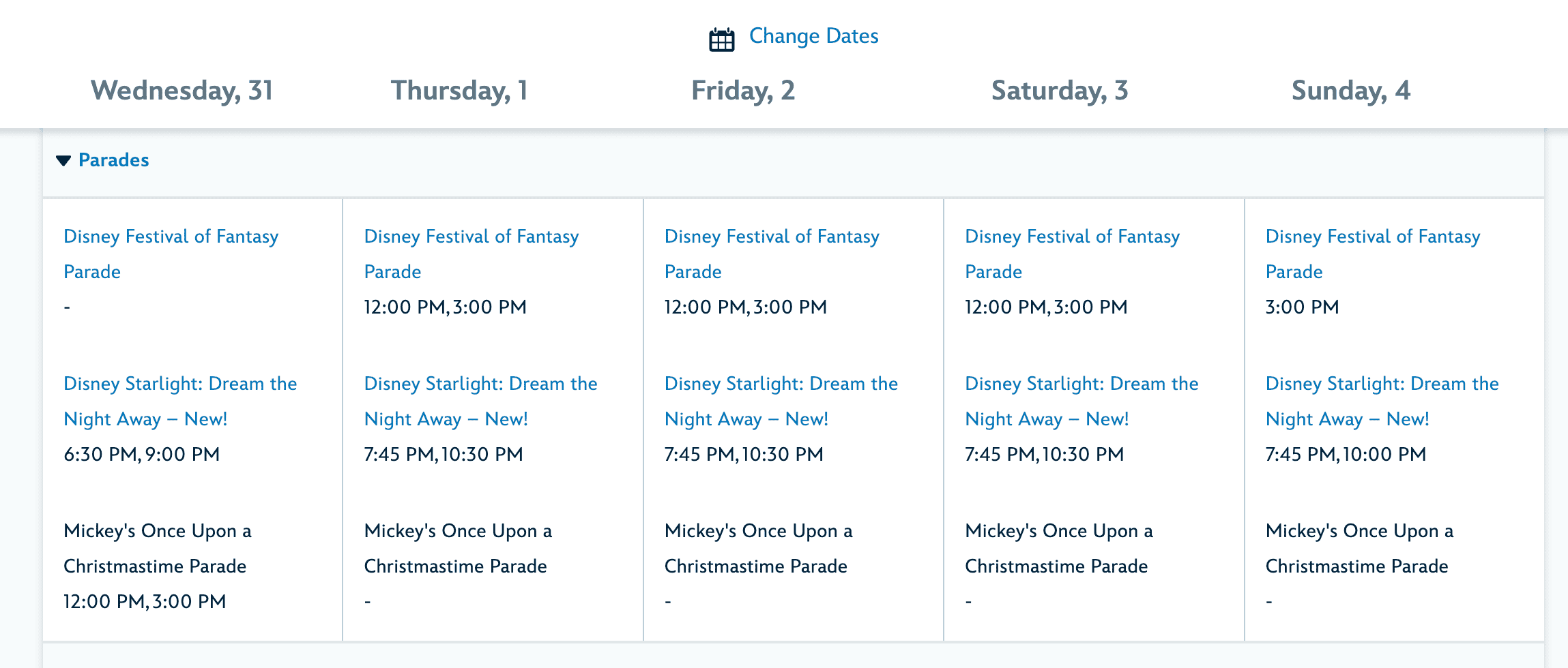 a screenshot of Disney's parade Schedule for early January 