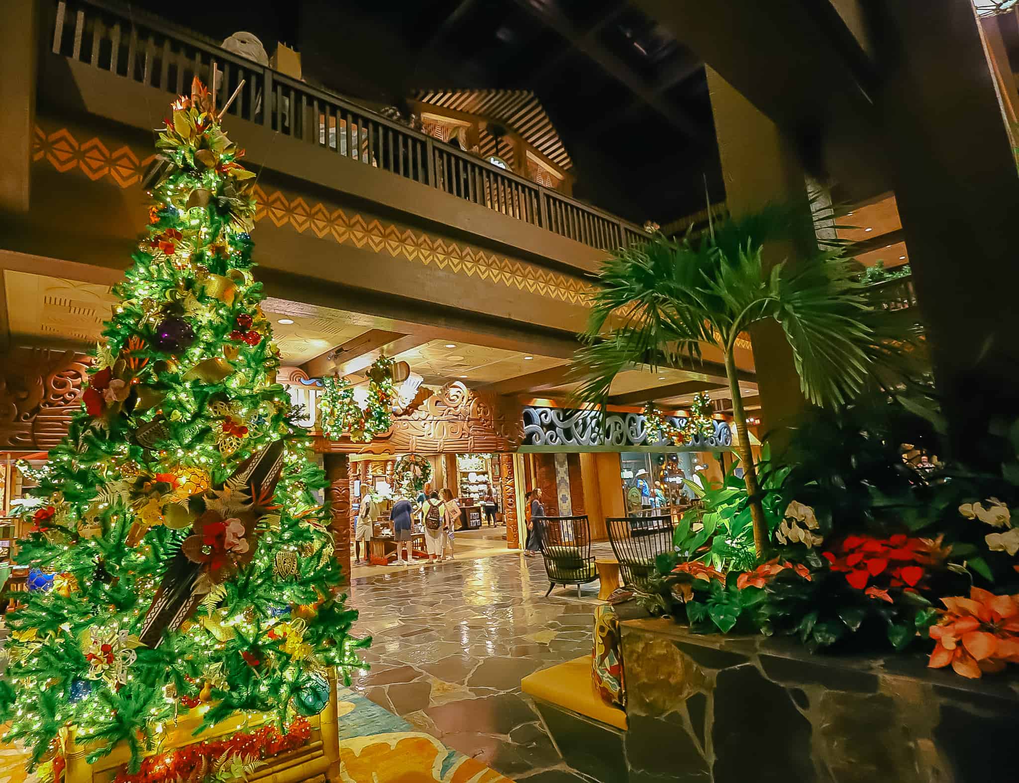An alternative view of the lobby tree at Disney's Polynesian during Christmas. 