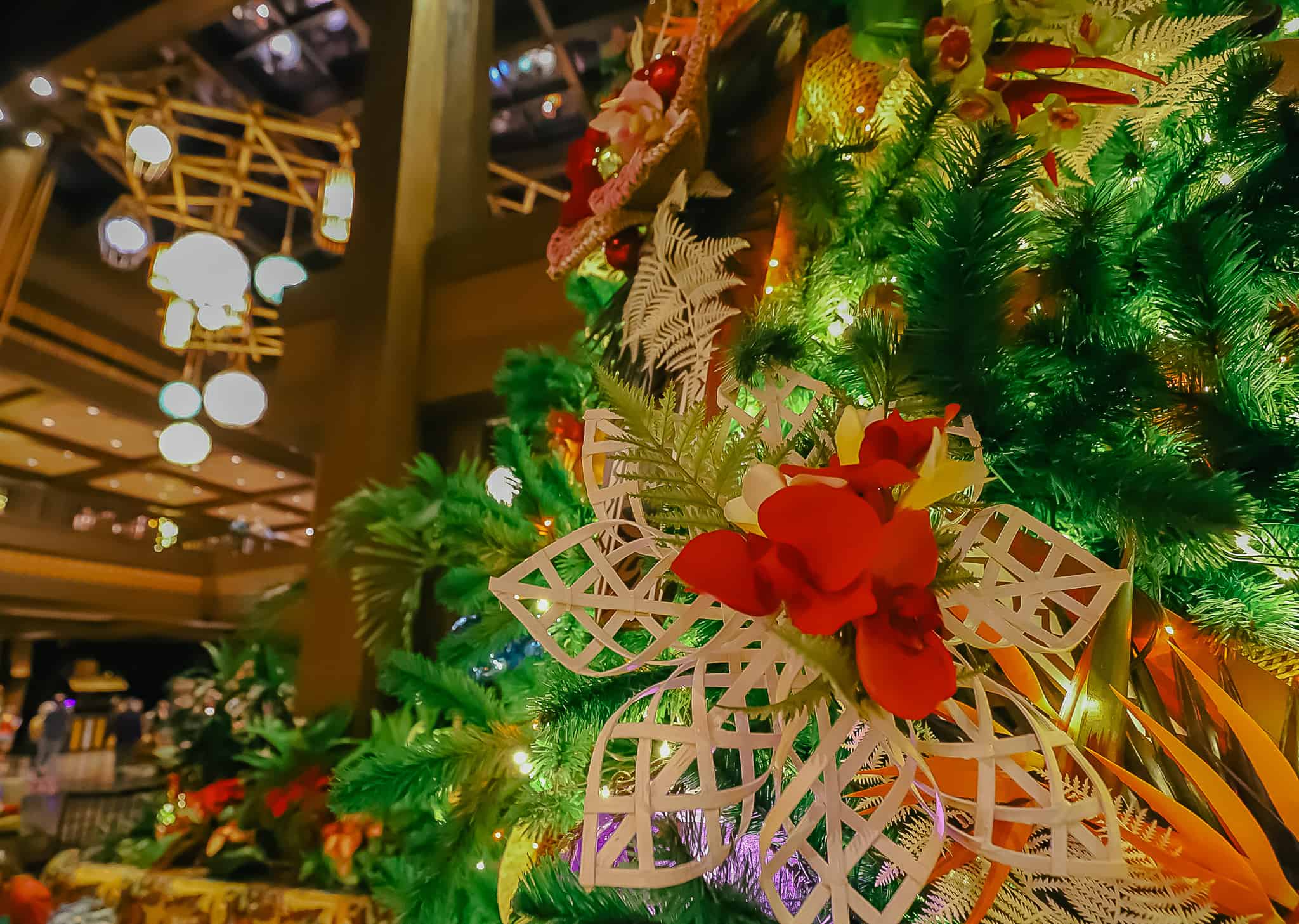 Shows a decorative photo of a portion of the Polynesian Christmas Tree. 