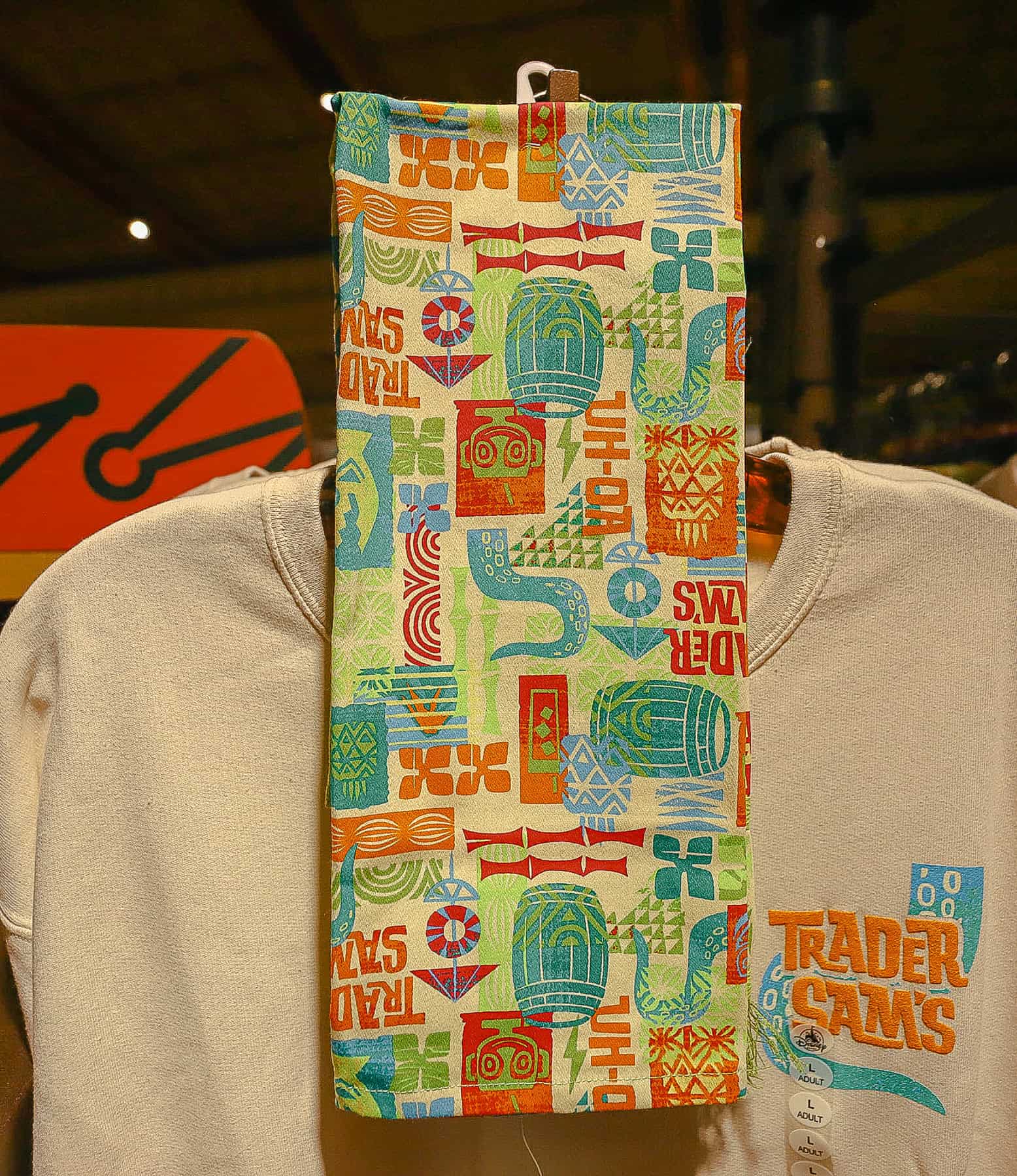 the print with Trader Sam's on the back tea towel