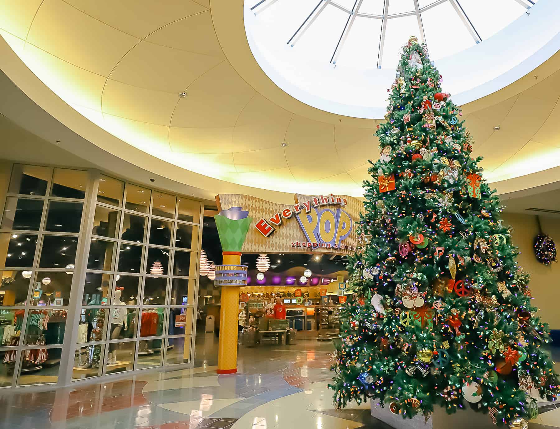 The Christmas tree in the lobby of Disney's Pop Century 