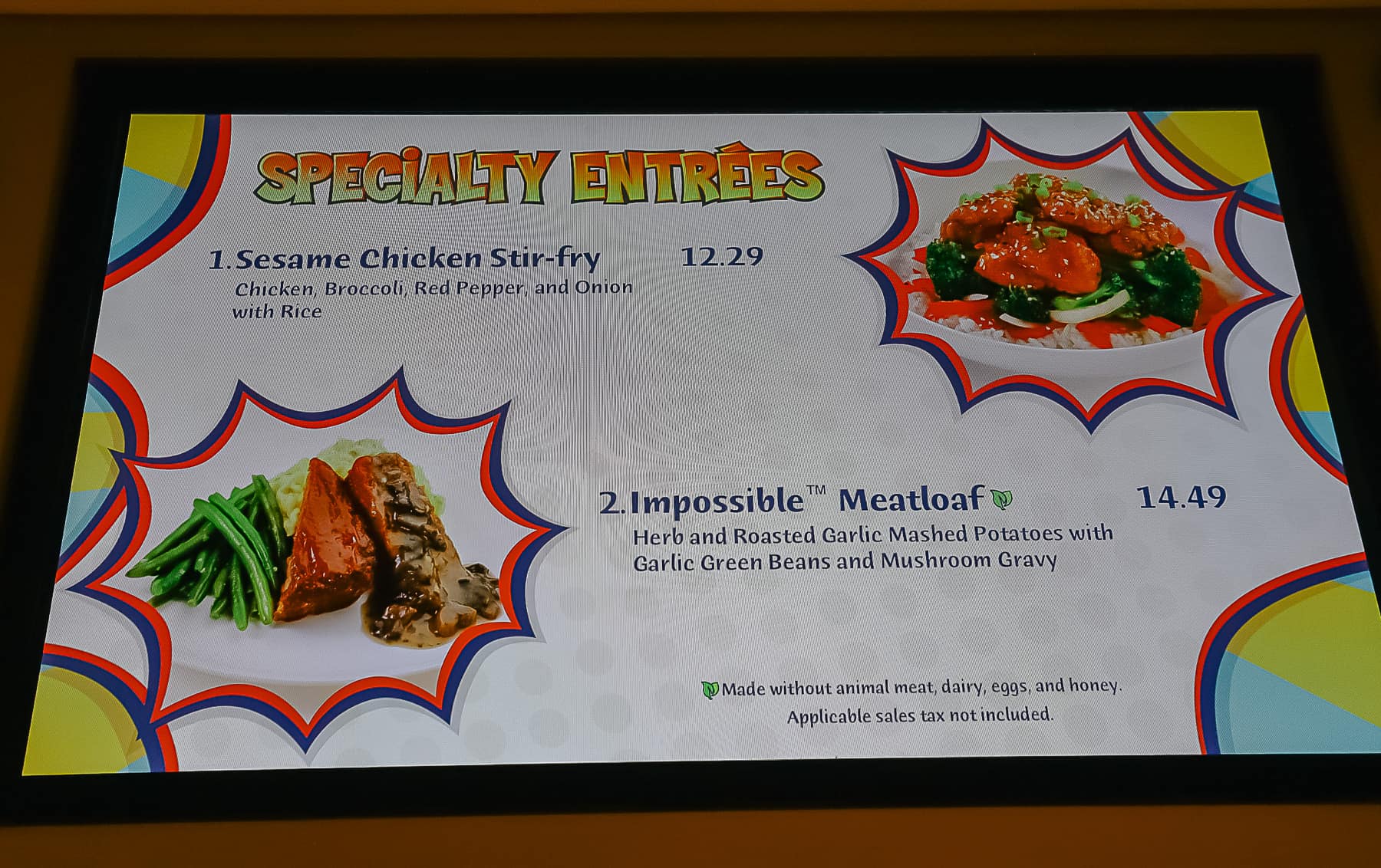 a menu with specialty entrees