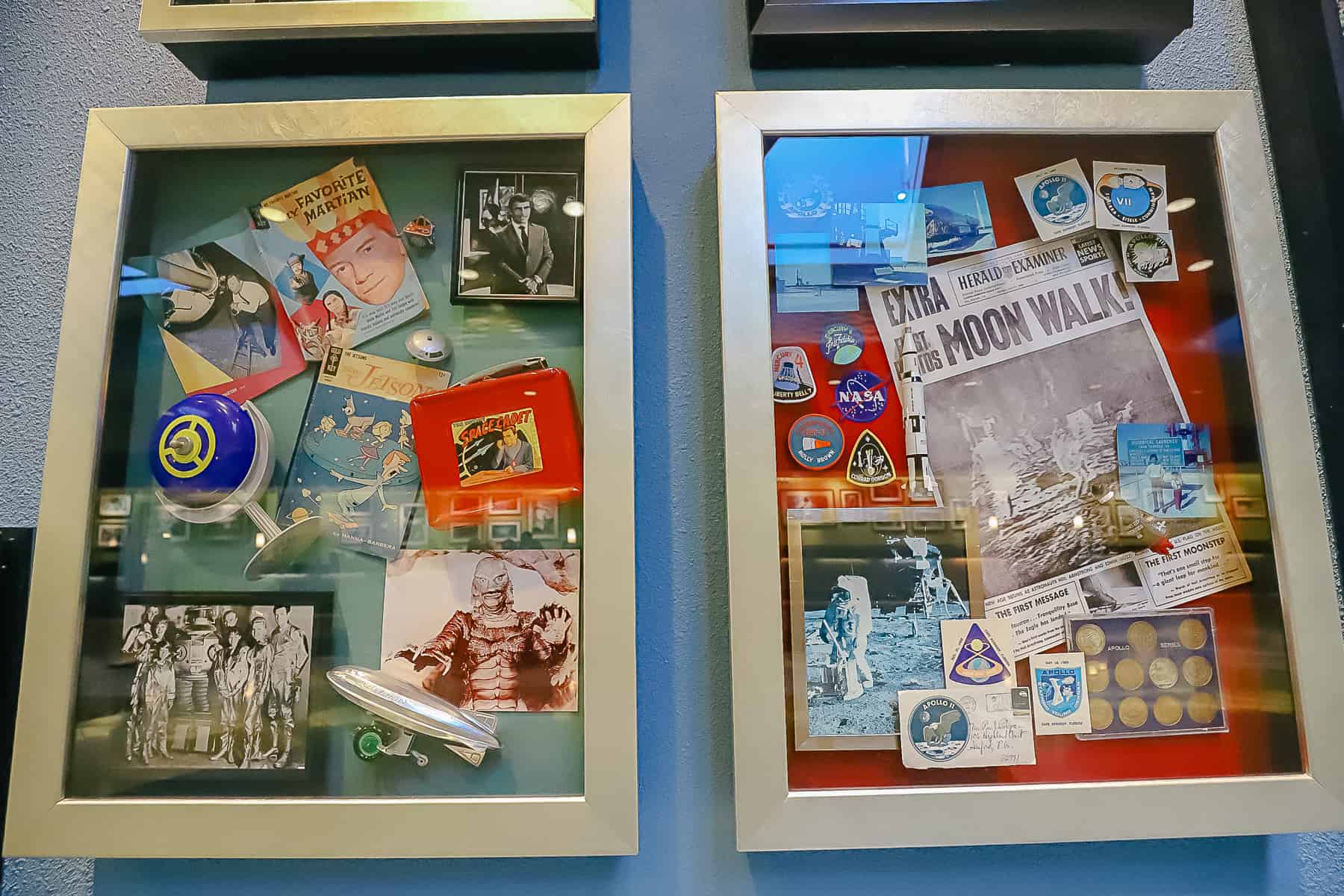 Shadowboxes with science fiction movies and one for man's first walk on the moon. 