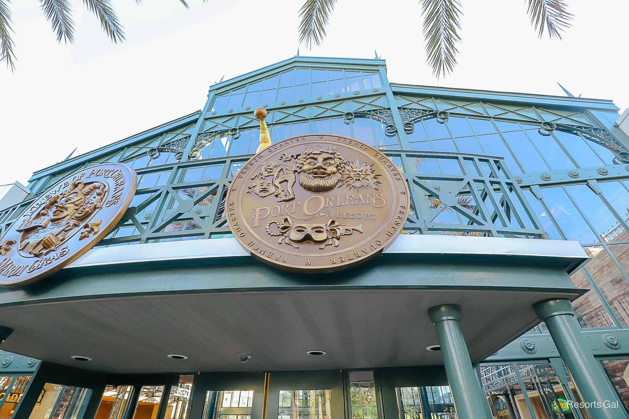 the lobby entrance with giant medallions at Port Orleans French Quarter 